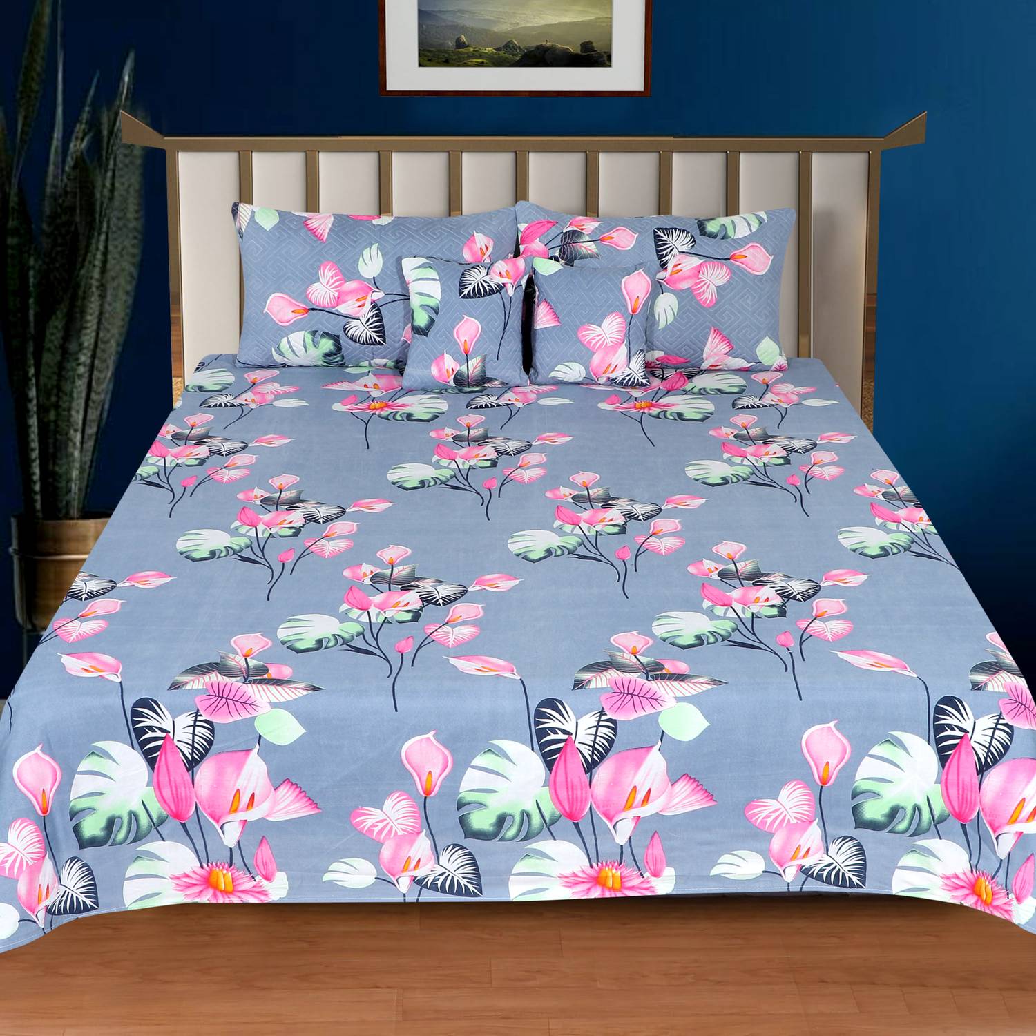 Decorum Cotton Double Flat 180 TC Printed 1 Bedsheet with 2 Pillo