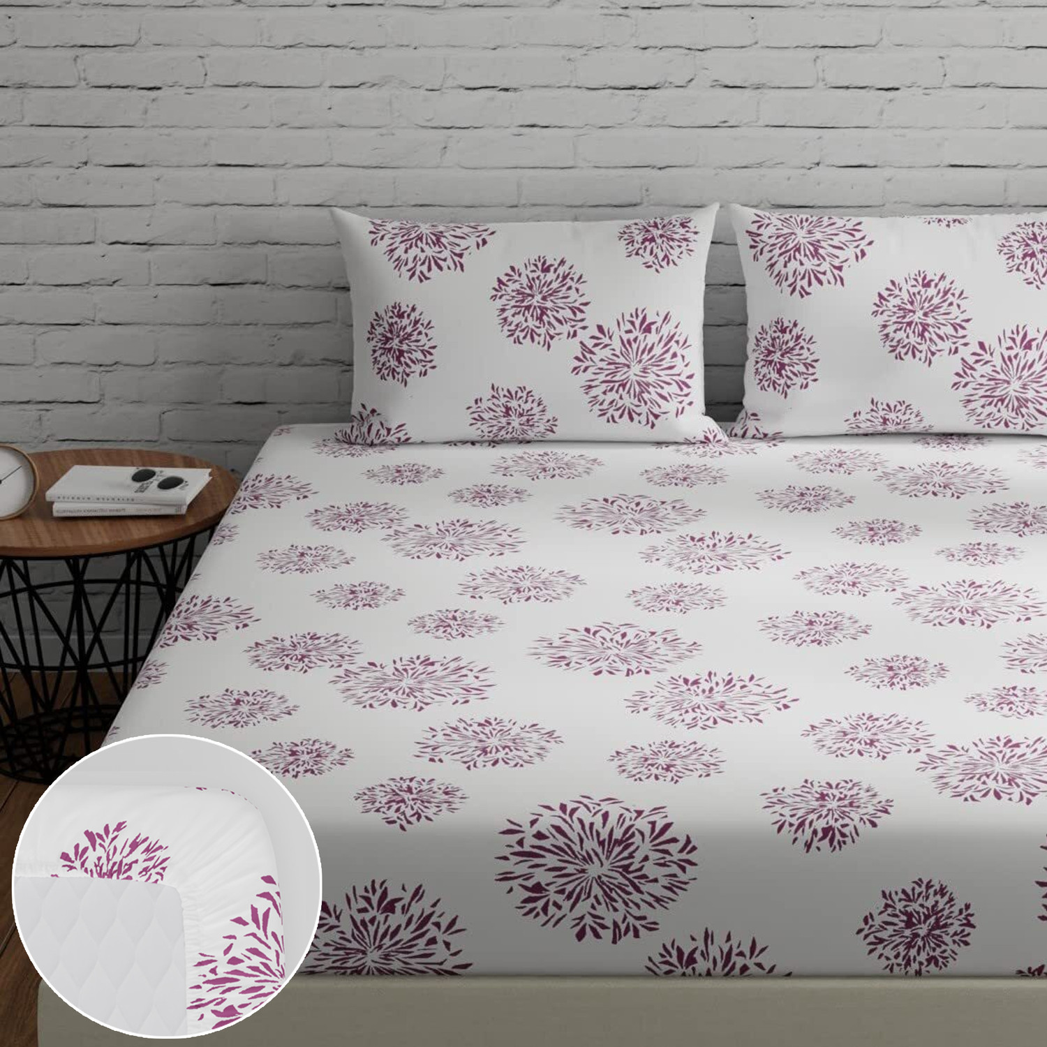 Image of Huesland Cotton King Fitted (Elastic) 144 TC Floral 1 Bedsheet with 2 Pillow Covers