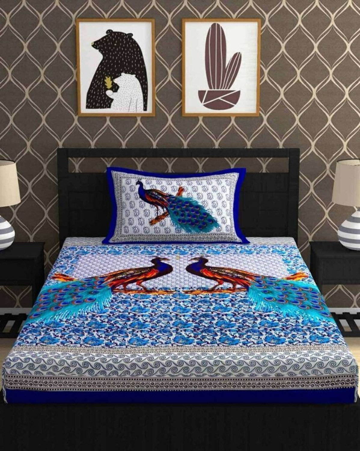 Image of COTSO Cotton Single Flat 144 TC Jaipuri Prints 1 Bedsheet with 2 Pillow Covers