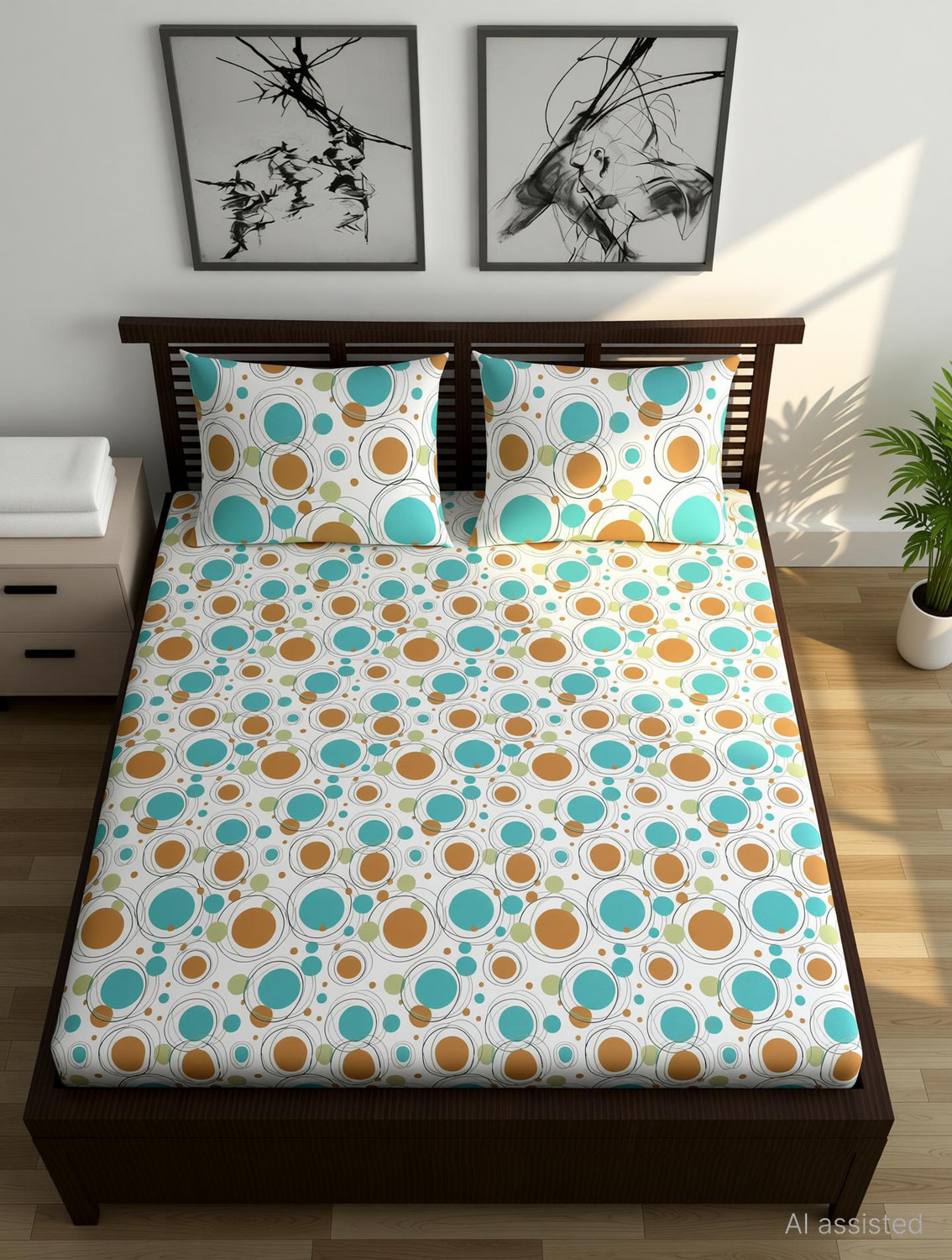 Image of Divine Casa Cotton Double Fitted (Elastic) 144 TC Floral 1 Bedsheet with 2 Pillow Covers