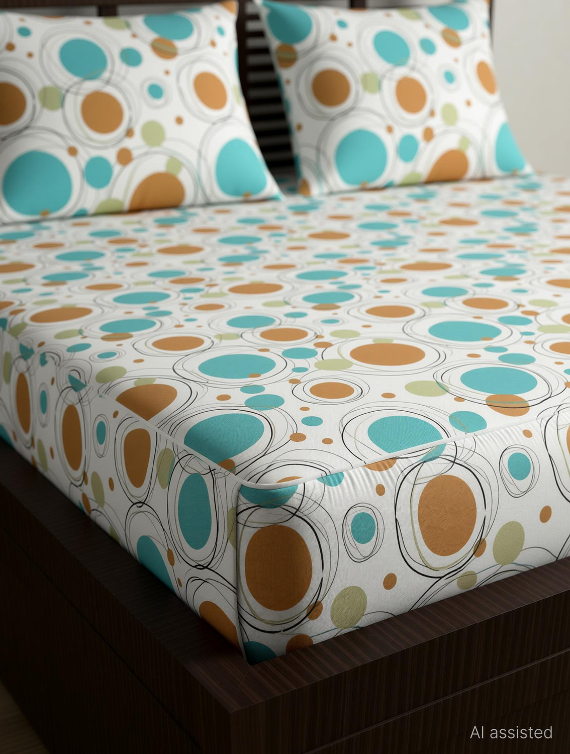 Image of Divine Casa Cotton Double Fitted (Elastic) 144 TC Floral 1 Bedsheet with 2 Pillow Covers