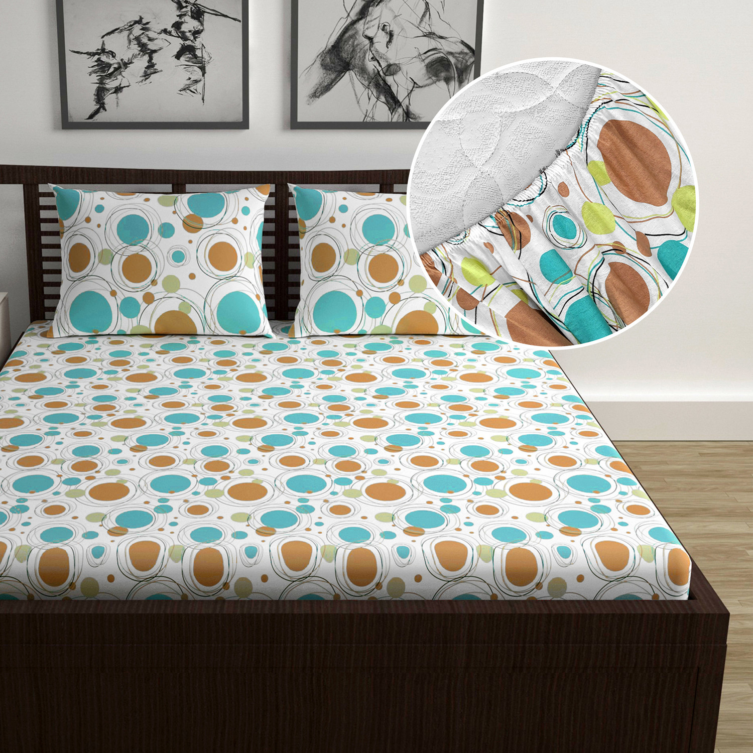 Image of Divine Casa Cotton Double Fitted (Elastic) 144 TC Floral 1 Bedsheet with 2 Pillow Covers