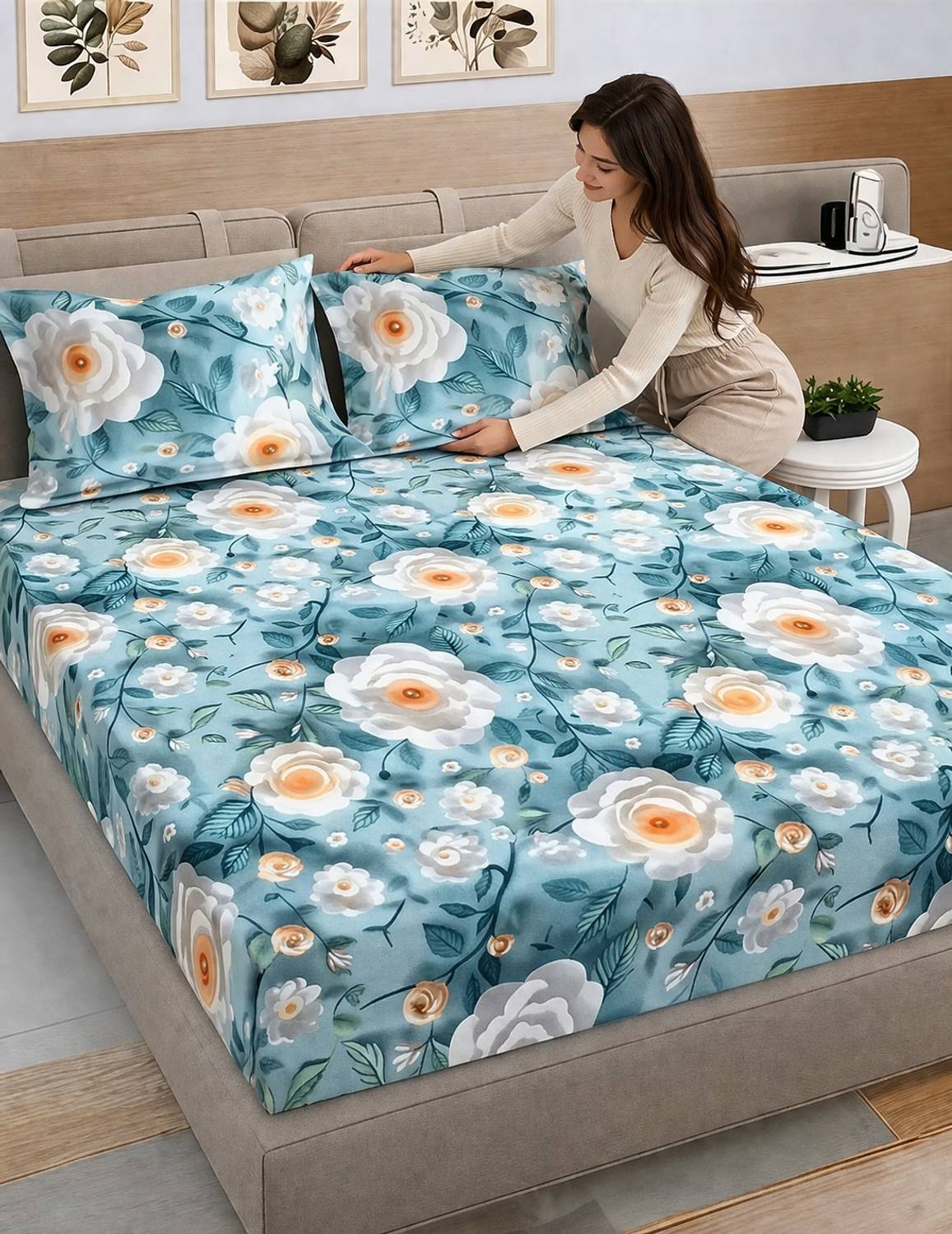 AMEYAA Cotton Double Fitted (Elastic) 320 TC Printed 1 Bedsheet w