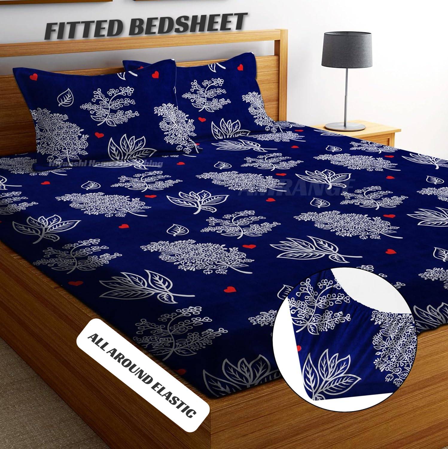 Amrange Microfiber King Fitted (Elastic) 250 TC 3D Printed 1 Bedsheet with 2 Pillow Covers