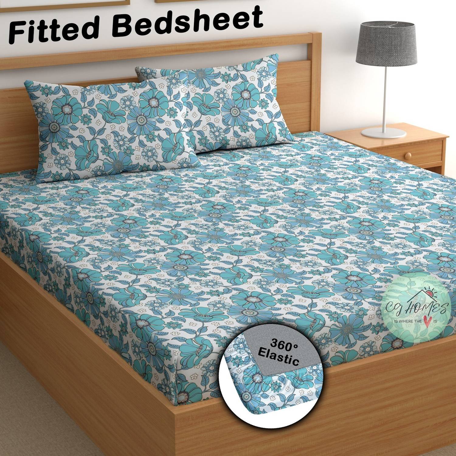 CG Homes Cotton Double Fitted (Elastic) 180 TC Printed 1 Bedsheet