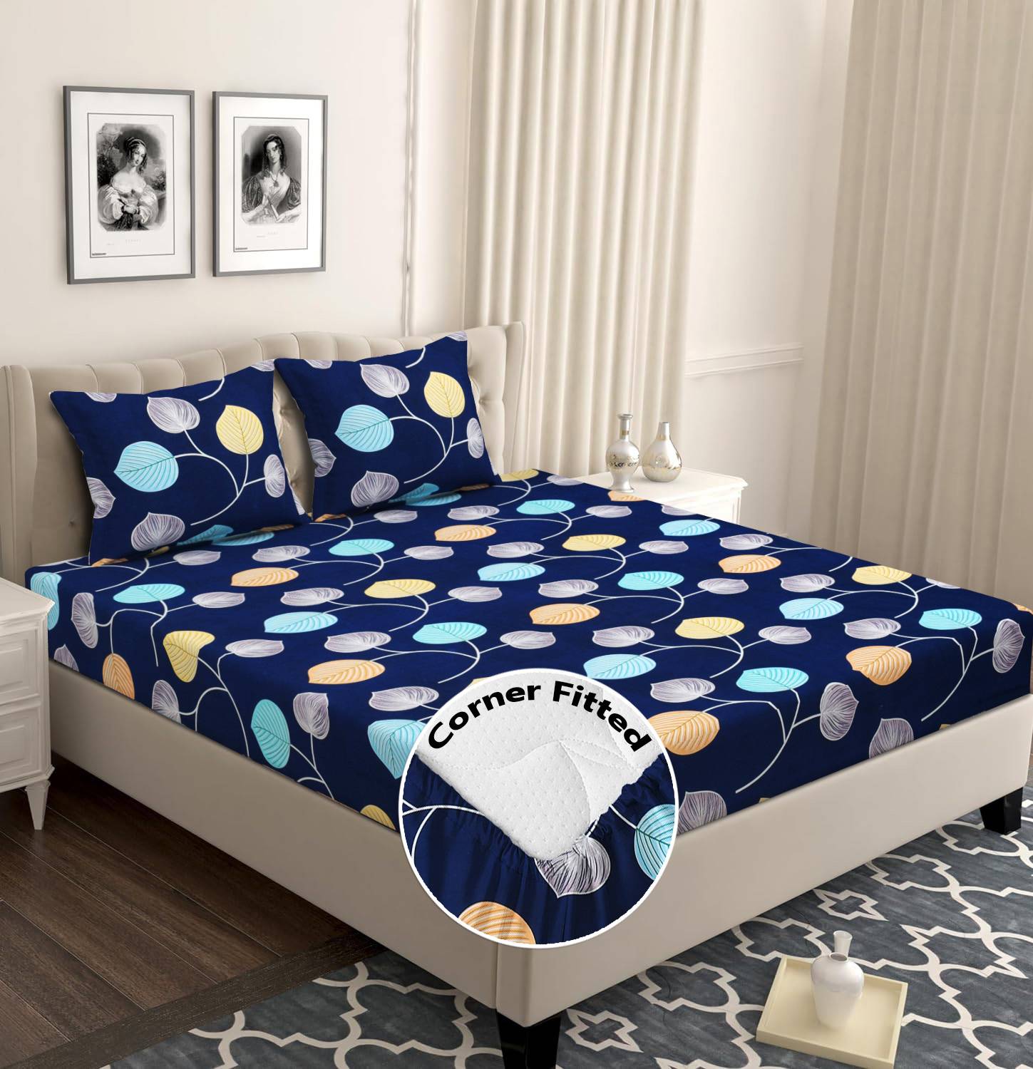 BSB HOME Microfiber Double Fitted (Elastic) 210 TC Floral 1 Bedsheet with 2 Pillow Covers