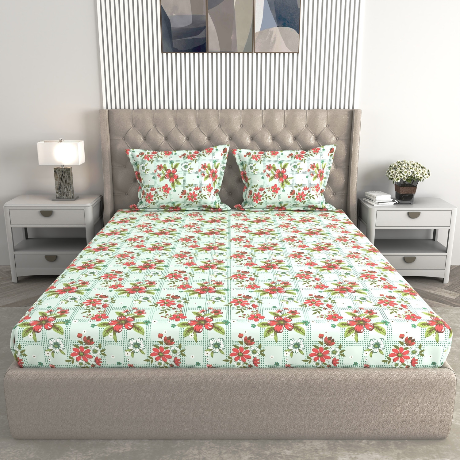 Image of Raymond Home Cotton Queen Fitted (Elastic) 104 TC Floral 1 Summer Bedsheet with 2 Pillow Covers