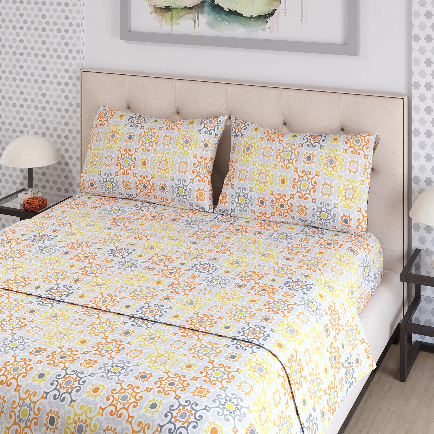 Image of Layers Cotton Blend Double Flat 225 TC Printed 1 Bedsheet with 2 Pillow Covers