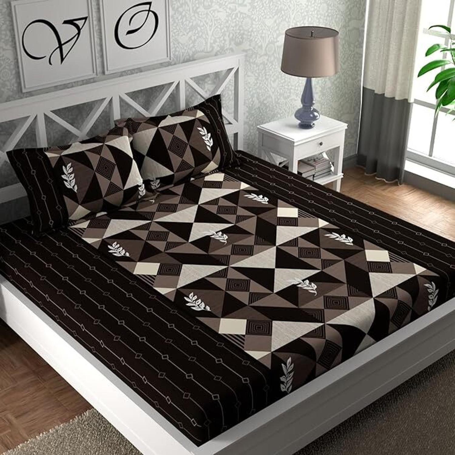 Image of HOMETIC Cotton Queen Fitted (Elastic) 240 TC Geometric 1 Bedsheet