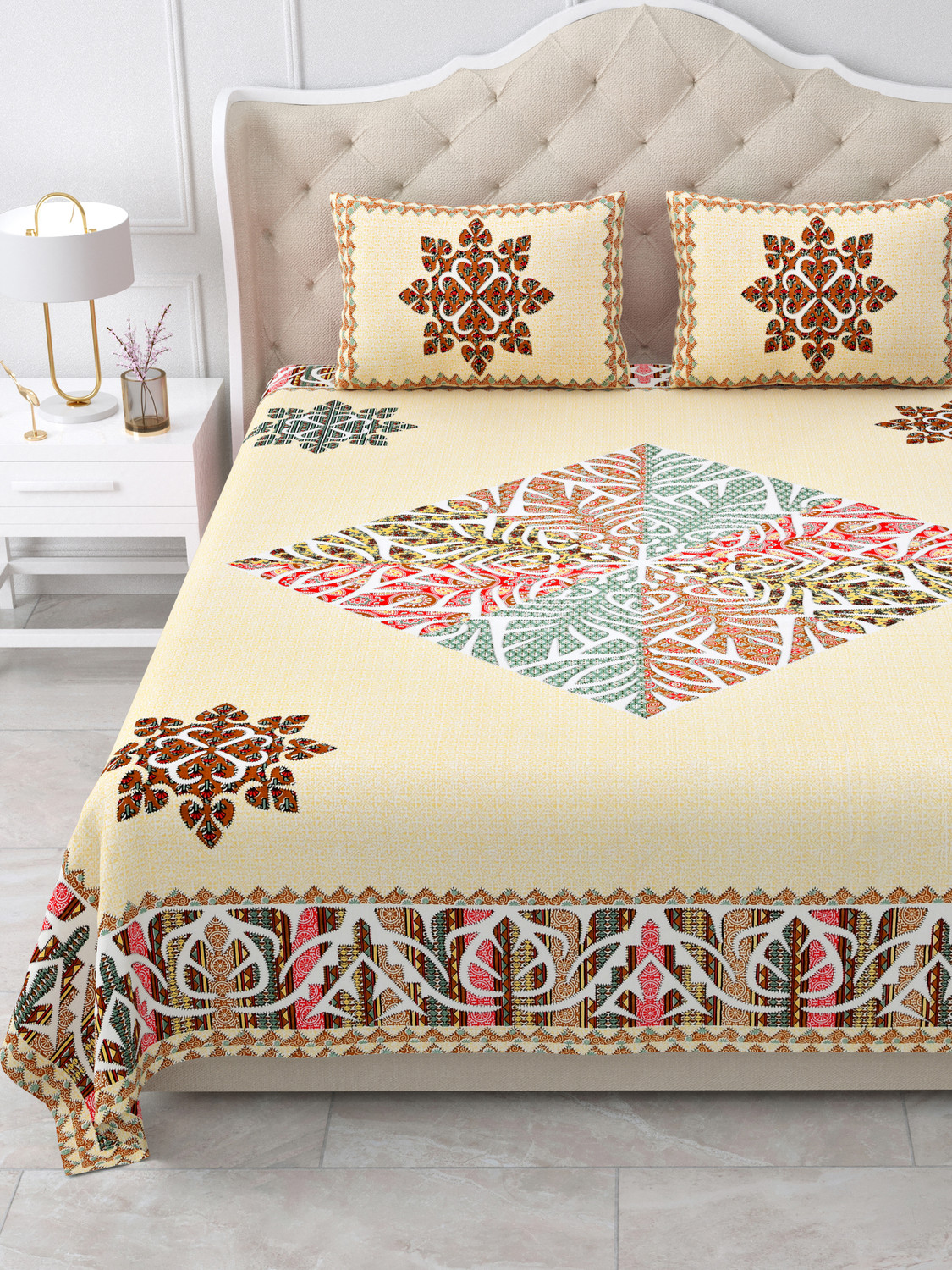 Image of SIZAR Cotton Double, King Flat 240 TC Printed 1 Bedsheet with 2 Pillow Covers