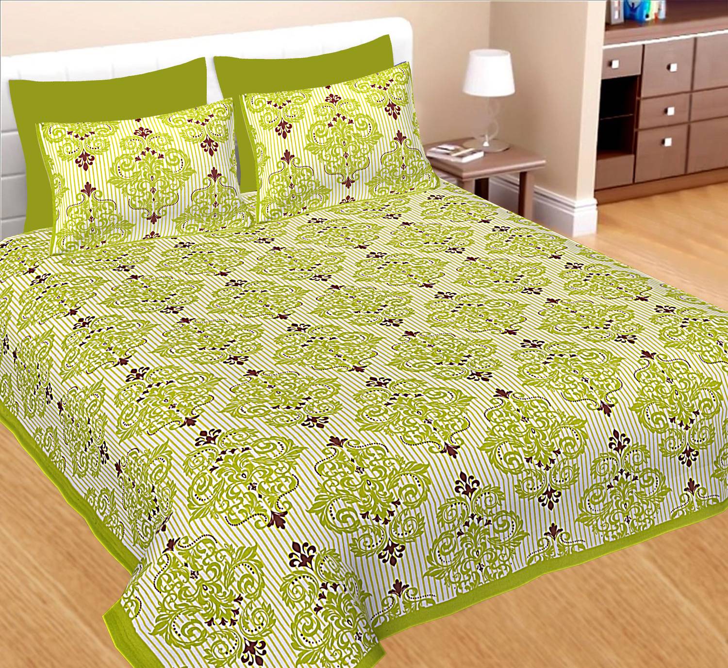 BedZone Cotton Queen, Double Flat 220 TC Jaipuri Prints 1 Bedsheet with 2 Pillow Covers