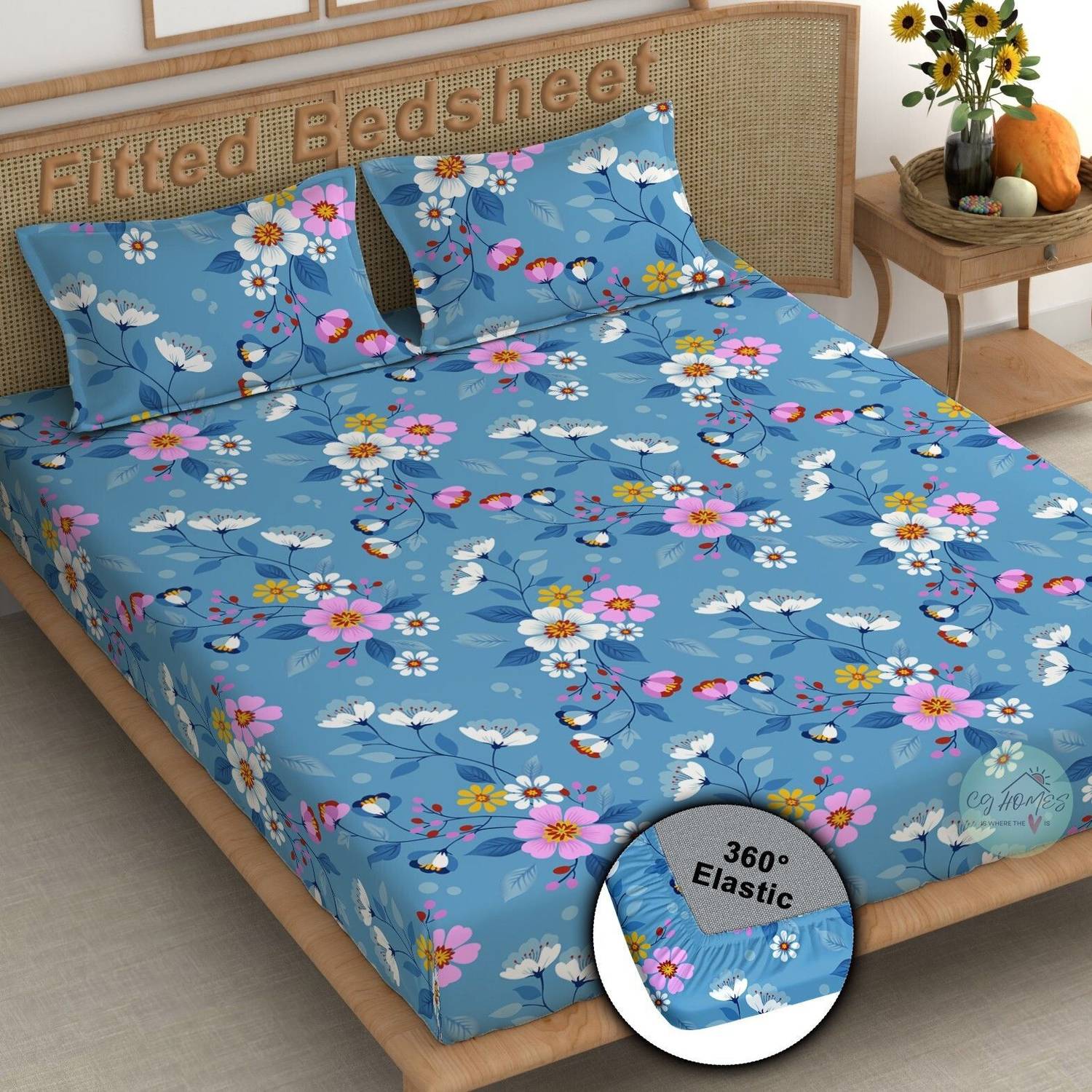 CG Homes Cotton Double Fitted (Elastic) 180 TC Printed 1 Bedsheet