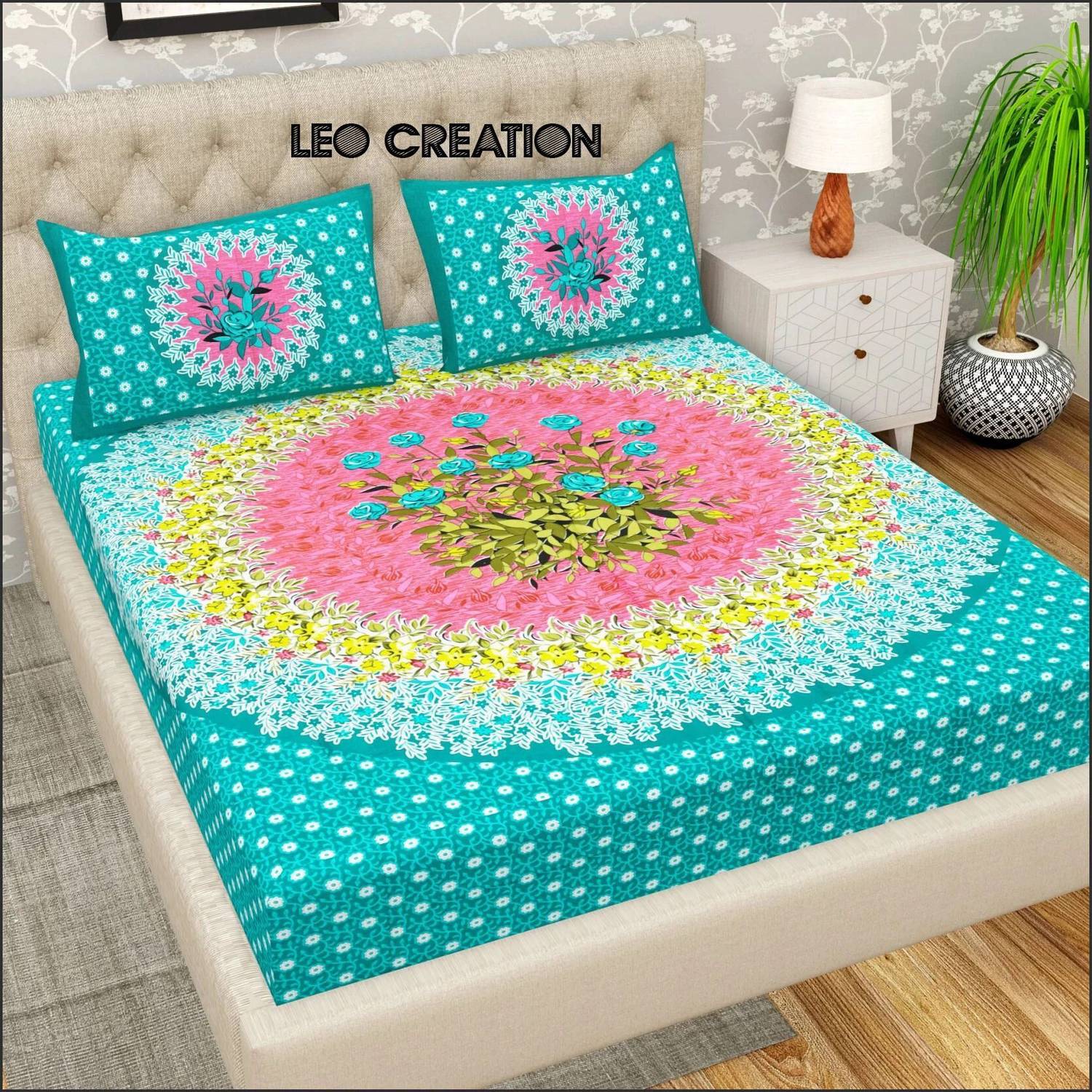 Leo Creation Cotton Double Flat 144 TC Jaipuri Prints 1 Bedsheet