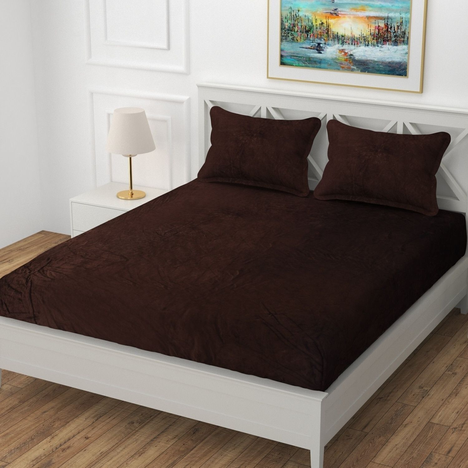 Image of BLUEDOT Woolen, Velvet Double Fitted (Elastic) 160 TC Self Design 1 Bedsheet with 2 Pillow Covers