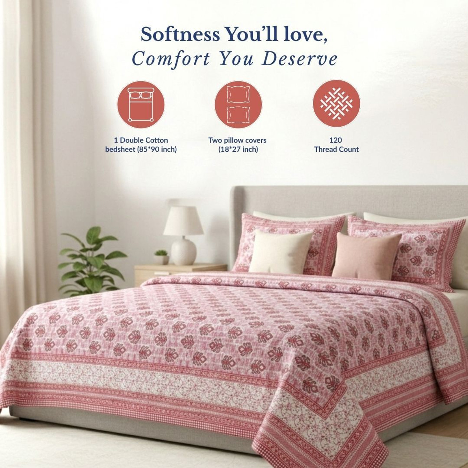 Image of Jaipur Weaves Cotton Queen Flat 120 TC Printed 1 Bedsheet with 2 Pillow Covers