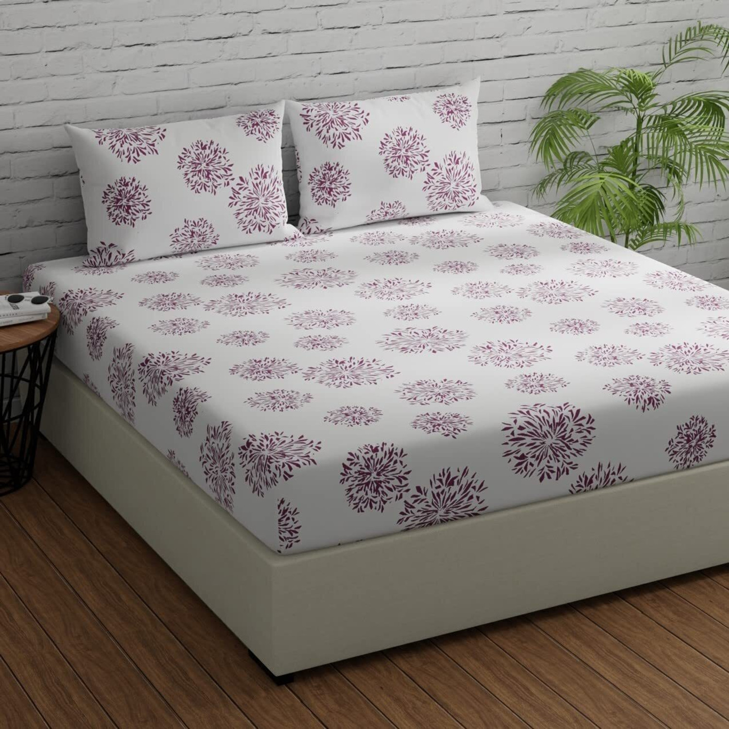 Image of Huesland Cotton King Fitted (Elastic) 144 TC Floral 1 Bedsheet with 2 Pillow Covers
