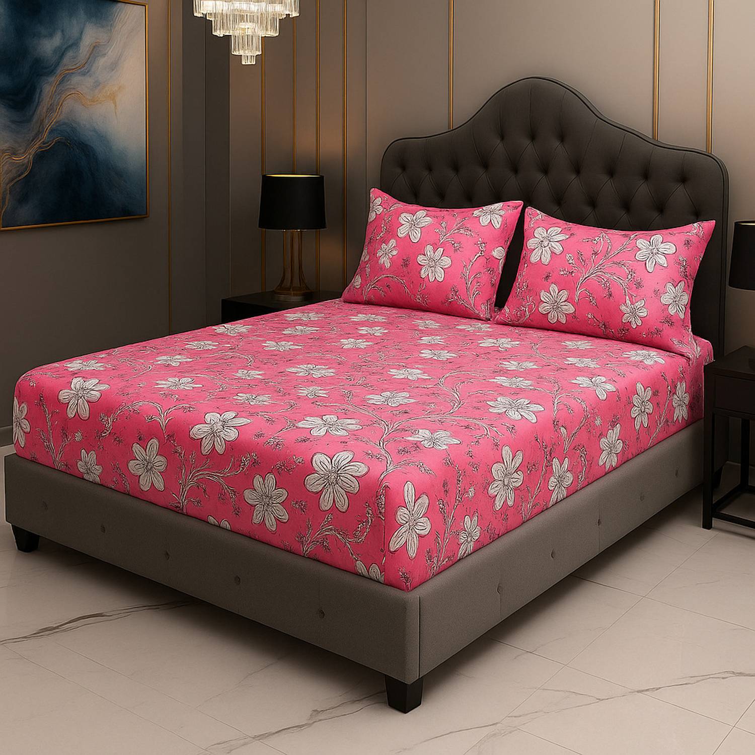 A11 M@LL Microfiber King Fitted (Elastic) 210 TC Floral 1 Bedsheet with 2 Pillow Covers