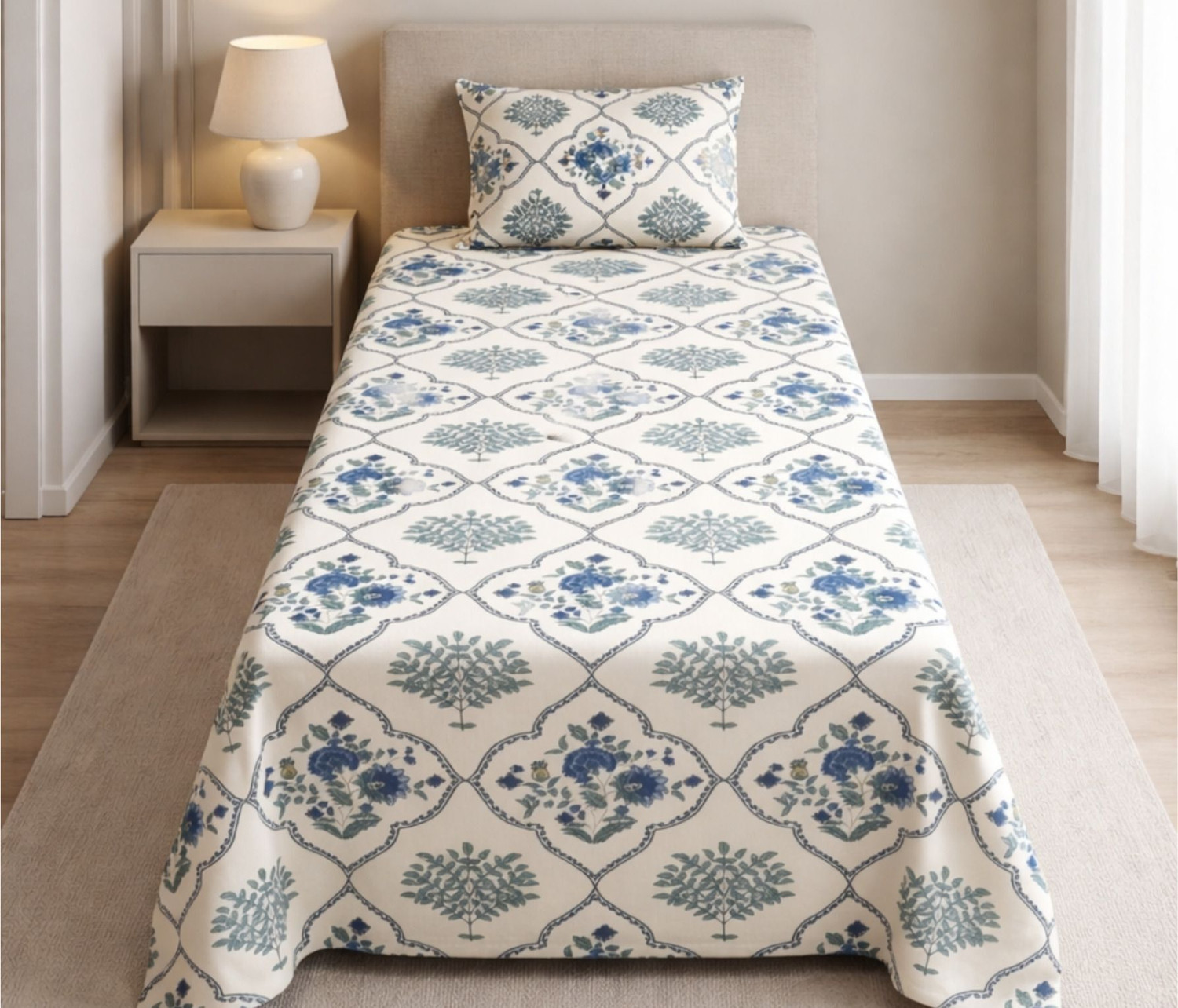 Image of Linen & Loom Cotton Blend Single Flat 240 TC Printed 1 Bedsheet (Blue)