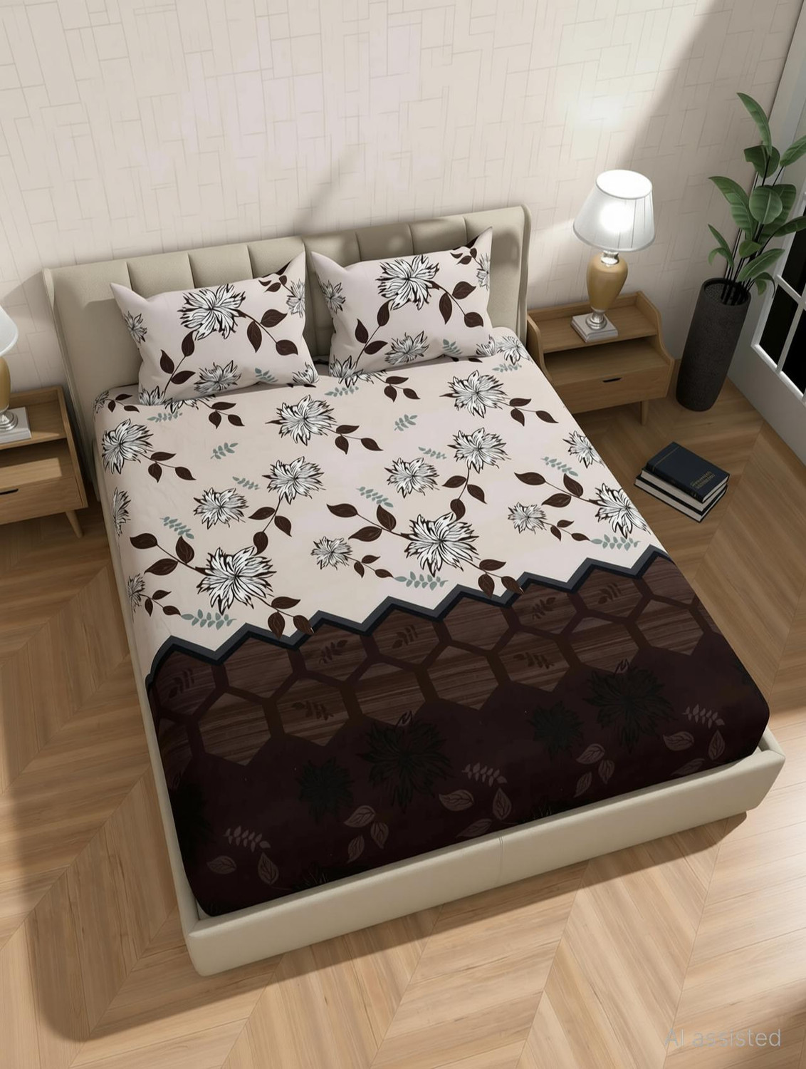 Image of Moonroof Cotton Double Fitted (Elastic) 244 TC Printed 1 Summer Bedsheet with 2 Pillow Covers