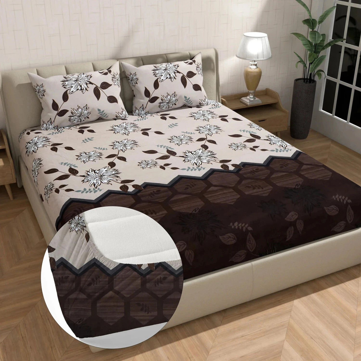 Image of Moonroof Cotton Double Fitted (Elastic) 244 TC Printed 1 Summer Bedsheet with 2 Pillow Covers