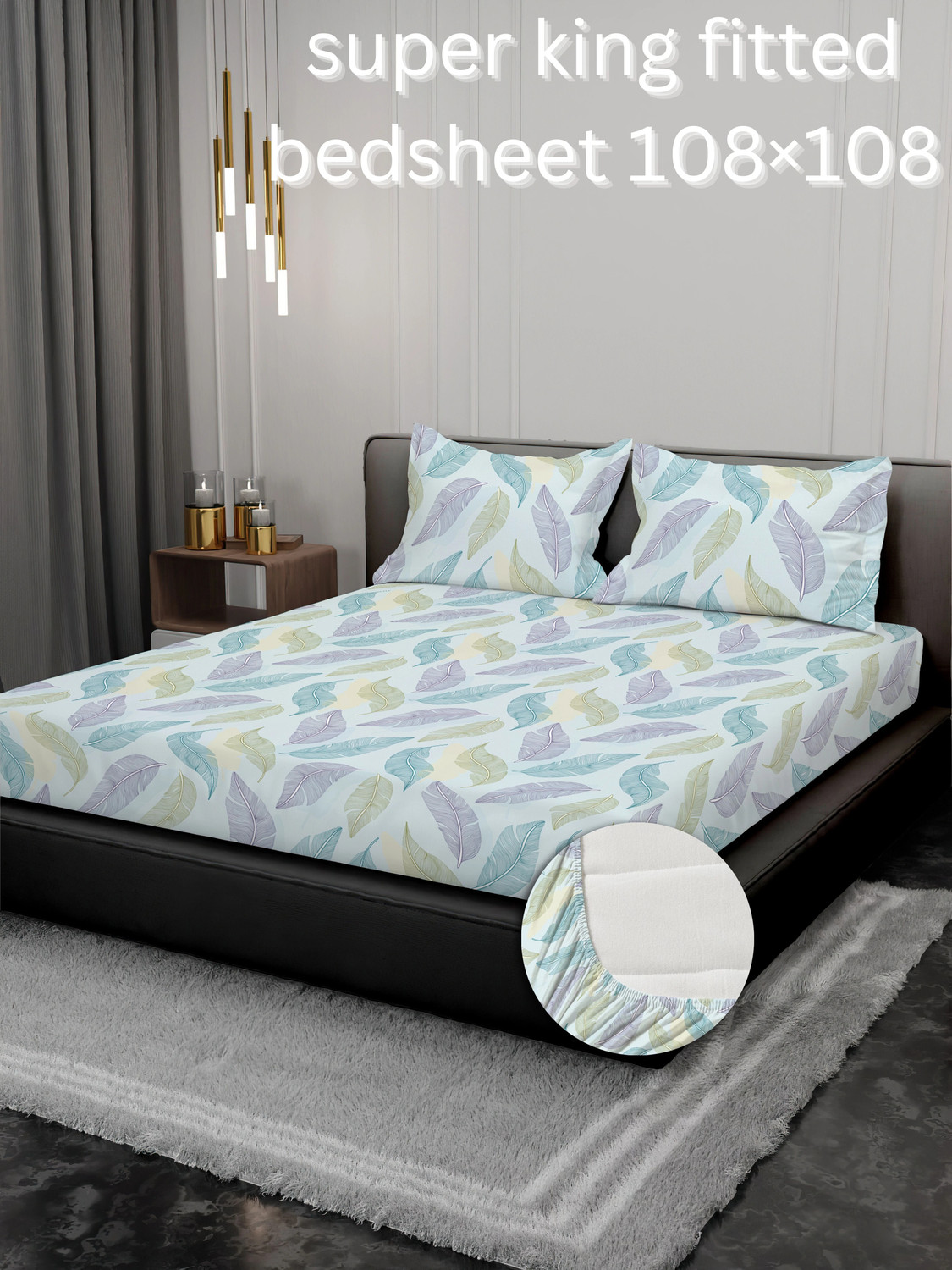 Image of KURRY HOME FURNISHING Cotton Super King Fitted (Elastic) 250 TC Printed 1 Bedsheet with 2 Pillow Covers