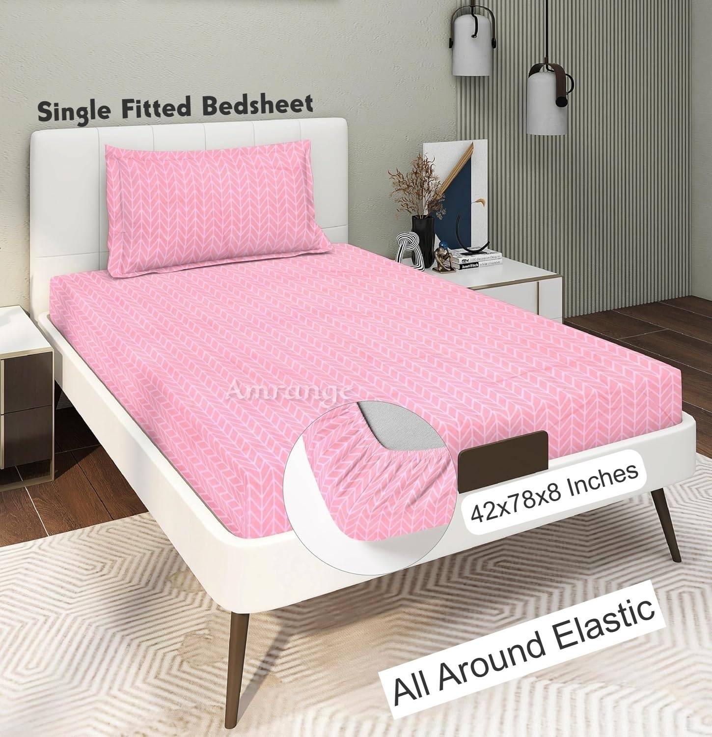 Amrange Cotton Single Fitted (Elastic) 190 TC Abstract 1 Bedsheet with 2 Pillow Covers