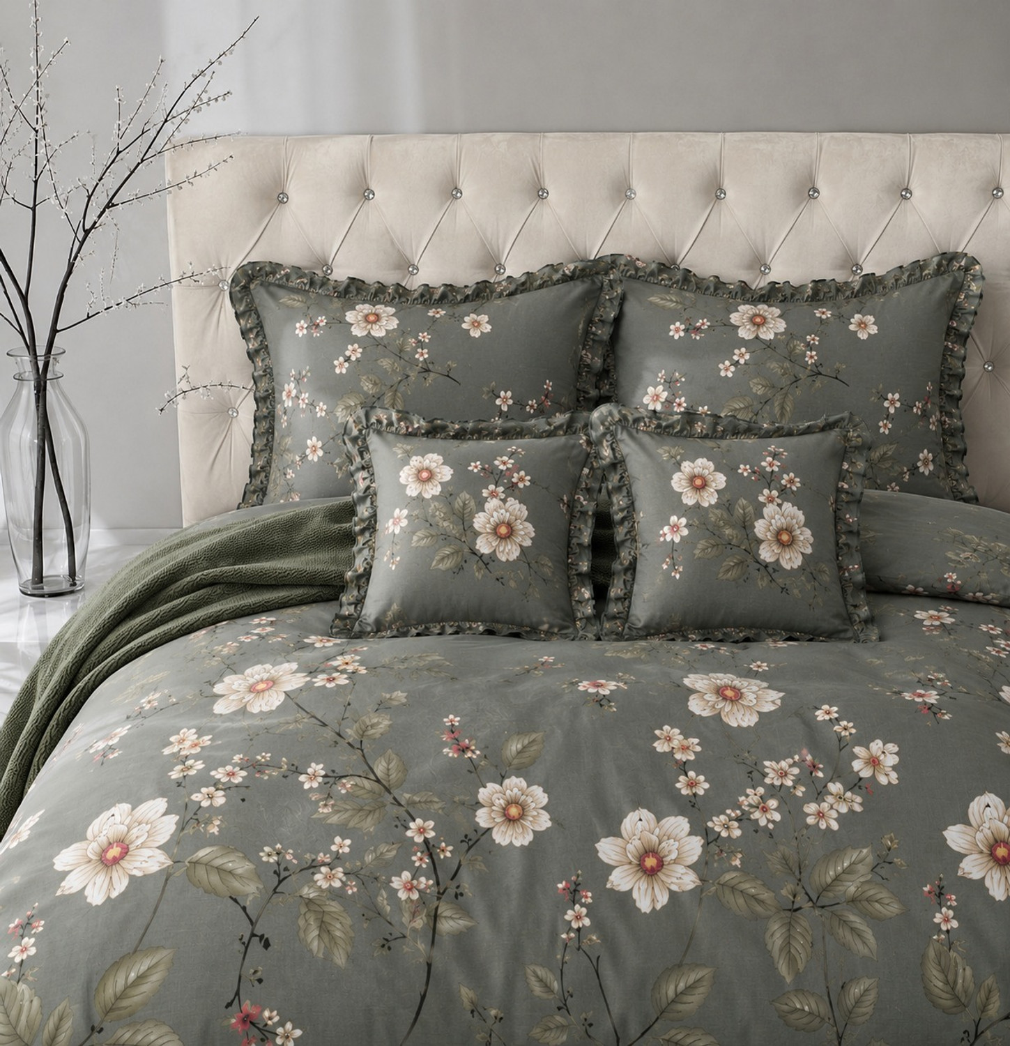 Image of CLOVIS KRAFTS Cotton King Flat 300 TC Printed 1 Bedsheet with 2 Pillow Covers, 2 Cushion Covers