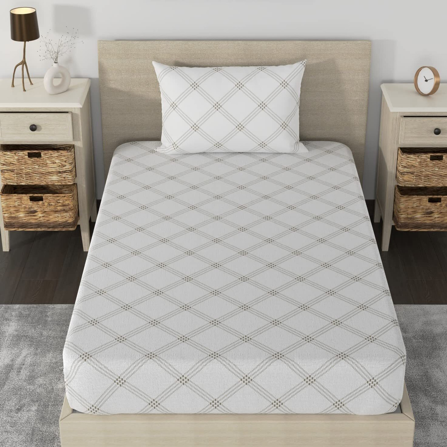 Image of Huesland Cotton Single Fitted (Elastic) 210 TC Geometric 1 Bedsheet with 2 Pillow Covers