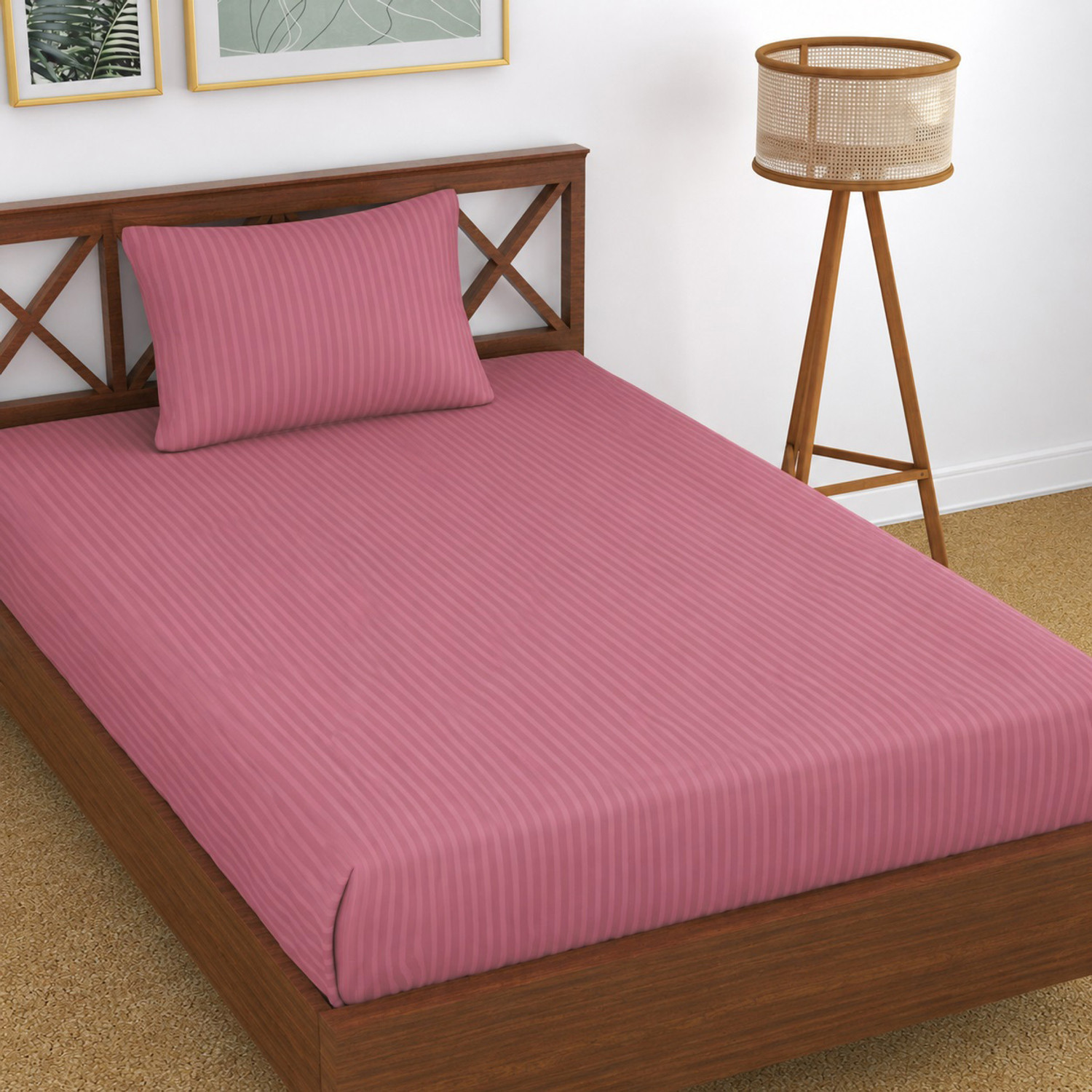 Image of Homefab India Cotton Single Flat 140 TC Striped 1 Summer Bedsheet with 2 Pillow Covers