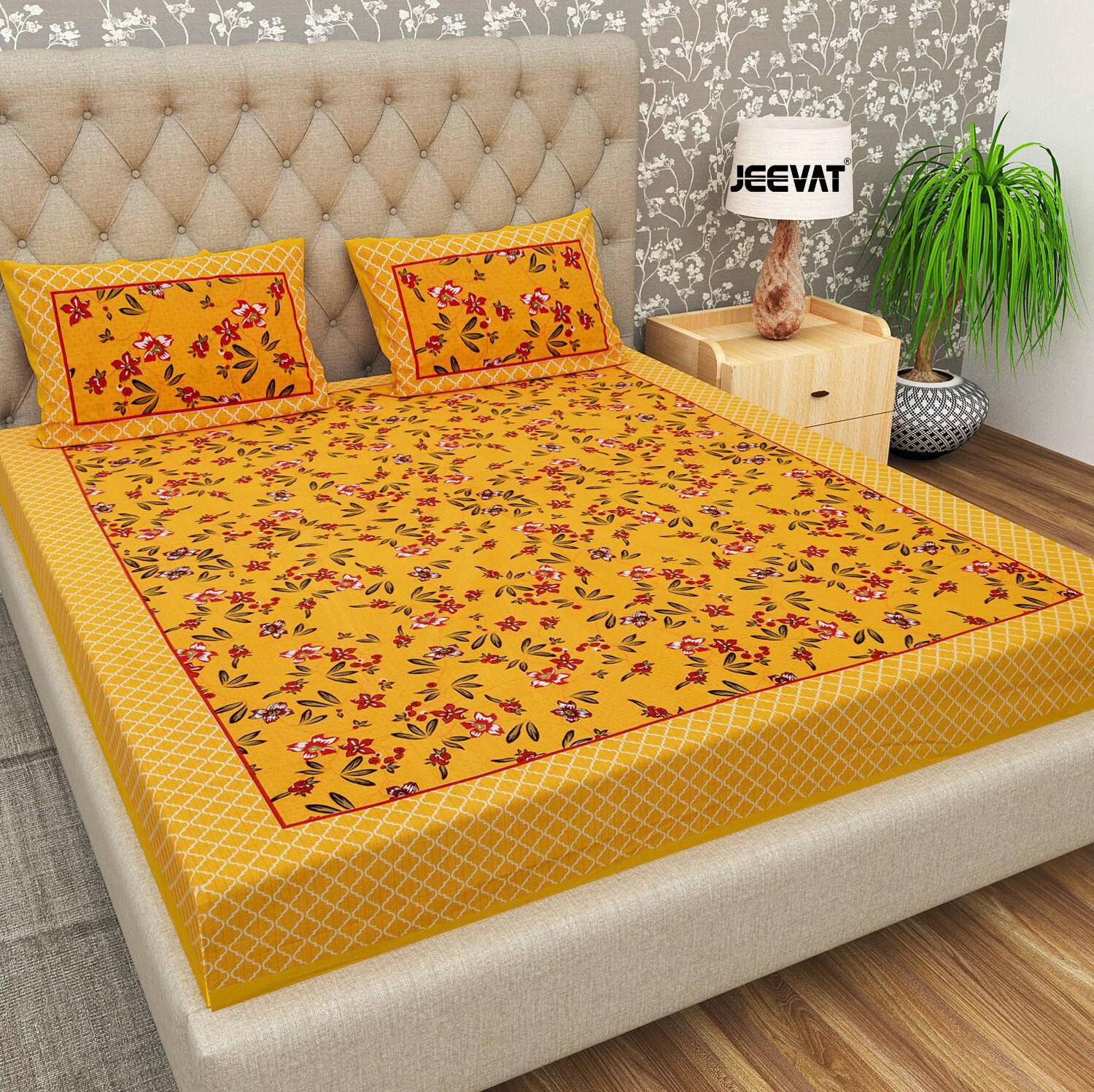 Jeevat Cotton Double Flat 144 TC Jaipuri Prints 1 Bedsheet with 2