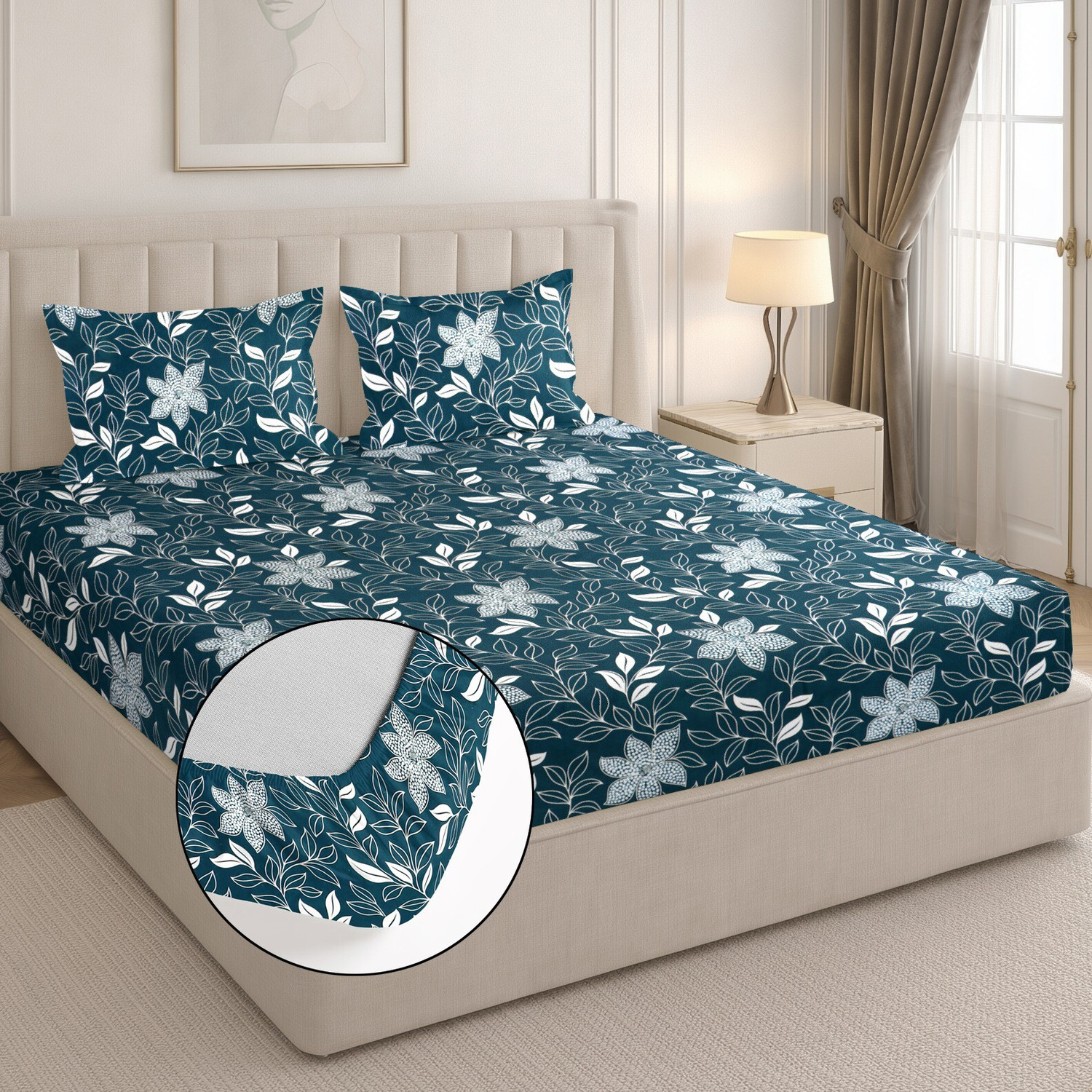 Image of Flipkart Perfect Homes Cotton Double Fitted (Elastic) 244 TC Printed 1 Summer Bedsheet with 2 Pillow Covers