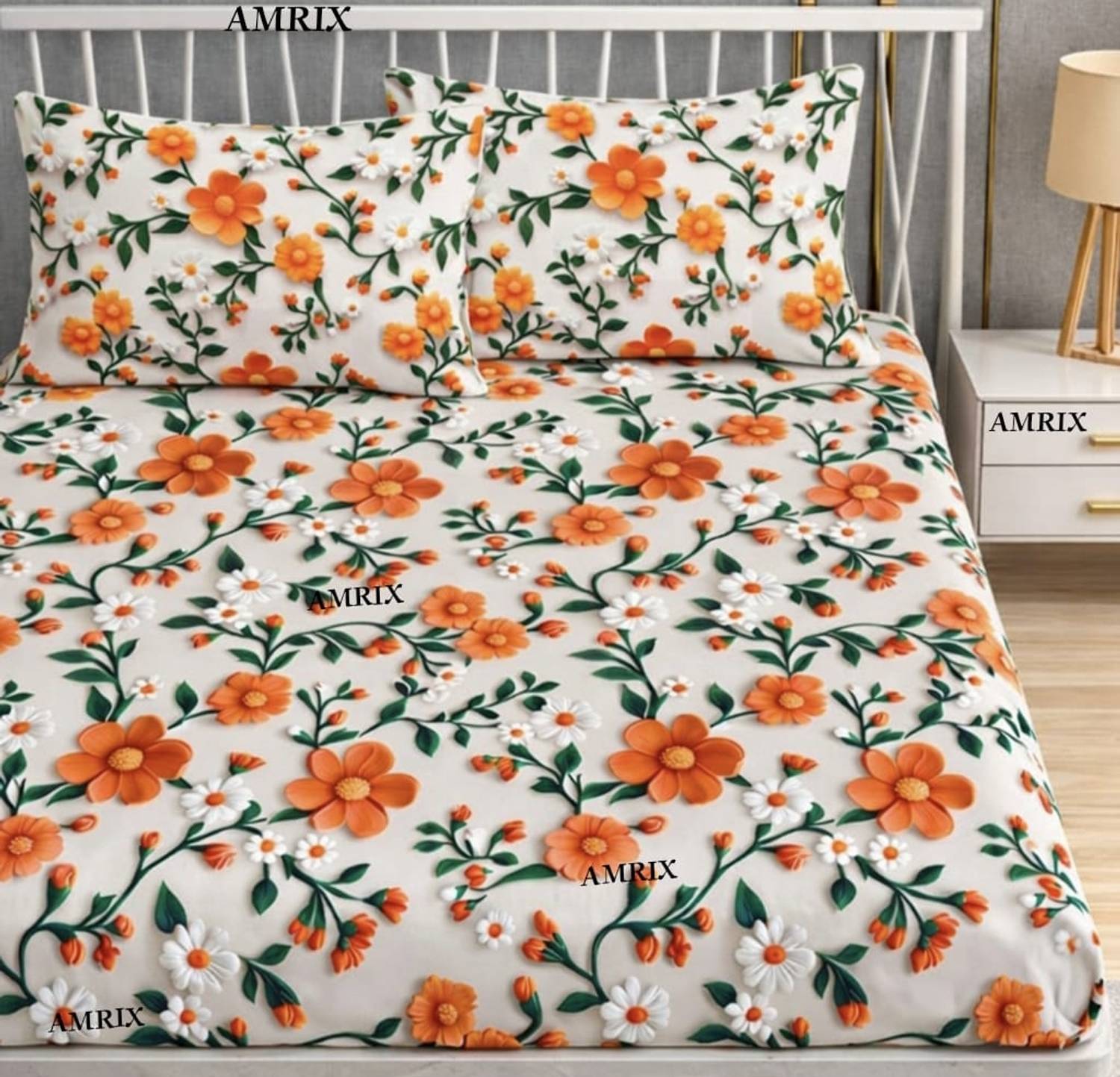 Amrix Cotton King Fitted (Elastic) 350 TC 3D Printed 1 Bedsheet with 2 Pillow Covers
