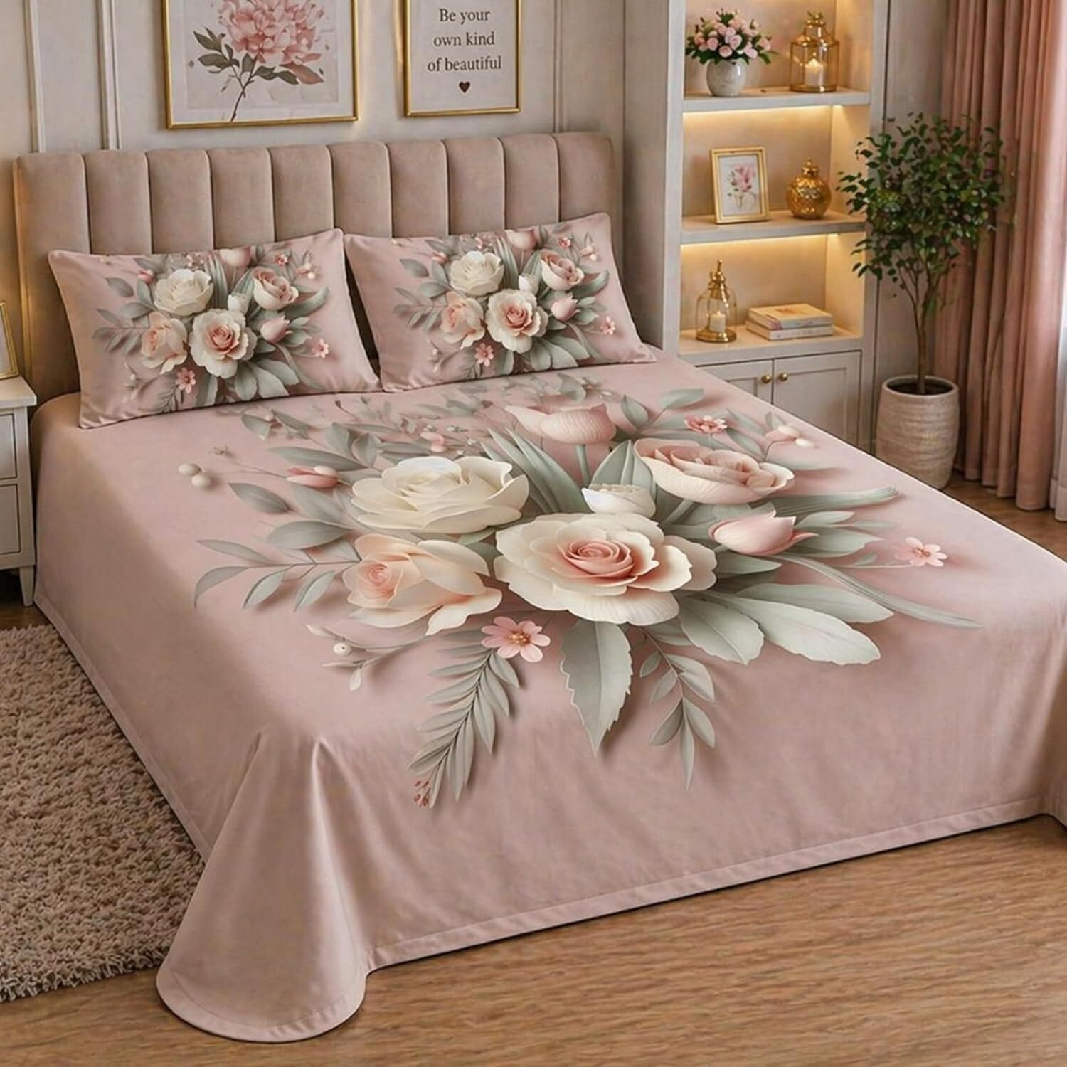 Image of JiyanshDecor Cotton Blend King Flat 220 TC Floral 1 Summer Bedsheet with 2 Pillow Covers