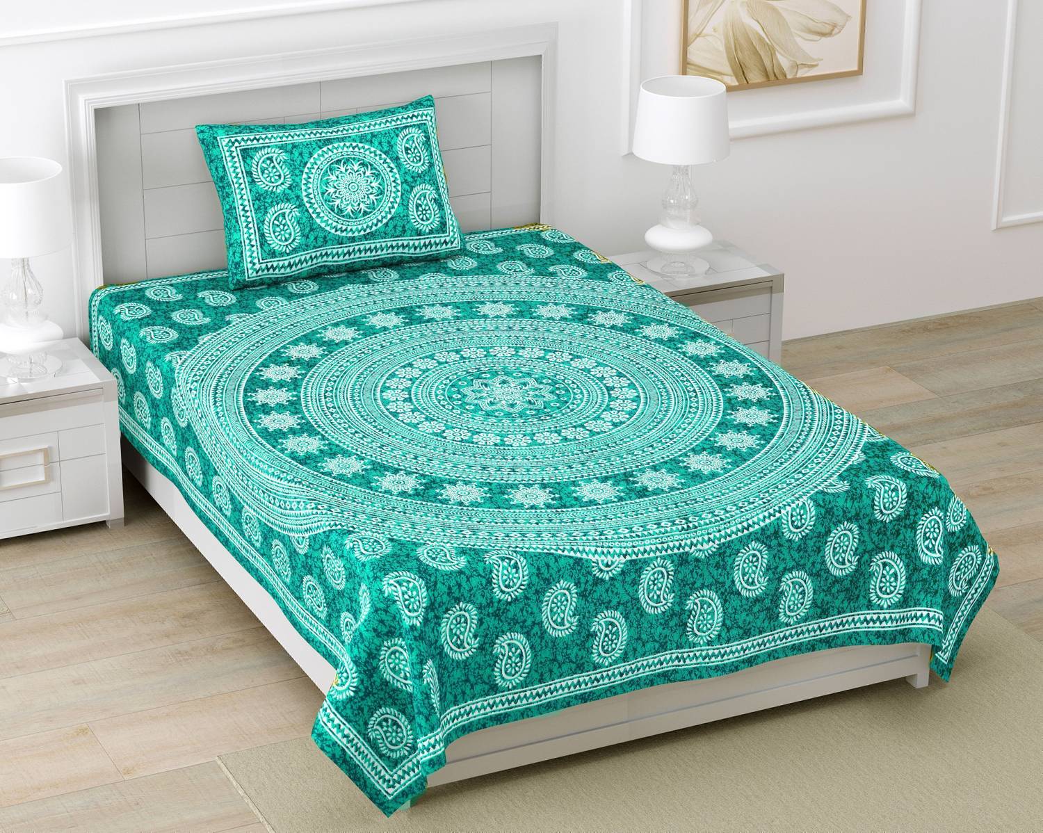 BharatLinen Cotton Single Flat 144 TC Jaipuri Prints 1 Summer Bedsheet