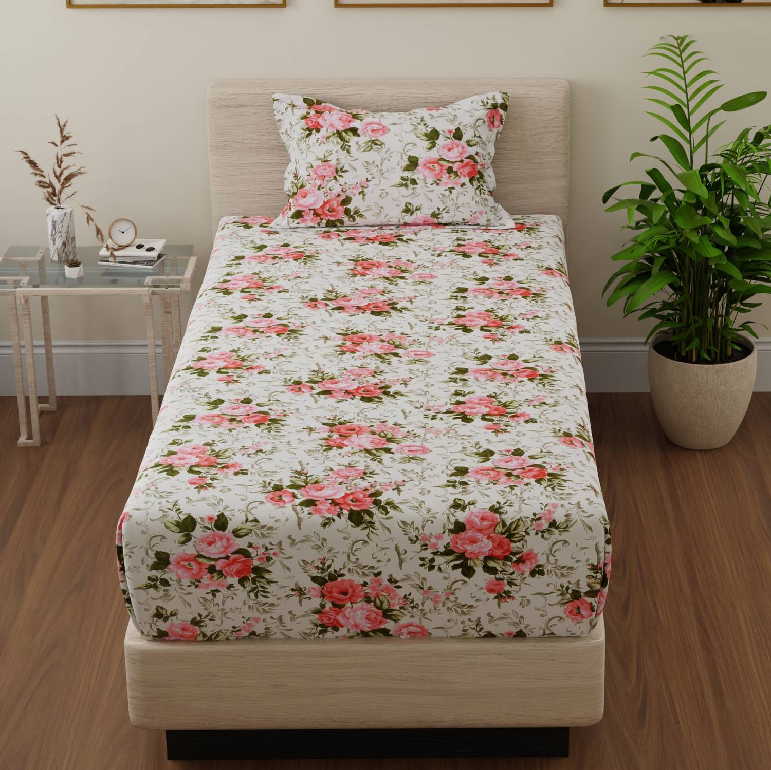 Huesland Cotton Single Flat 144 TC Floral 1 Bedsheet with 2 Pillo