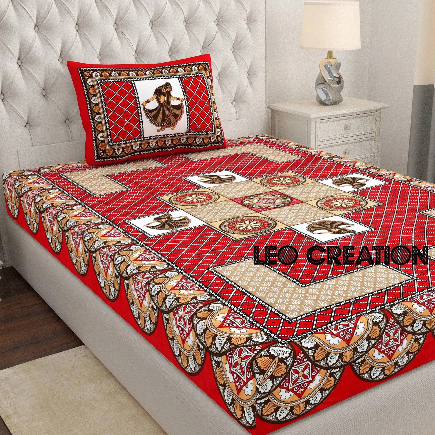 Leo Creation Cotton Single Flat 144 TC Jaipuri Prints 1 Bedsheet