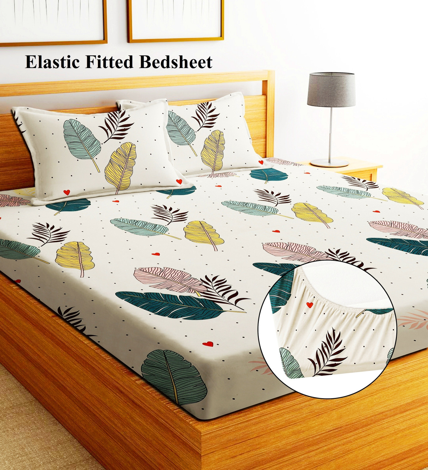 Image of SUKHAURA Cotton Double Fitted (Elastic) 255 TC Printed 1 Bedsheet with 2 Pillow Covers (Multicolor)