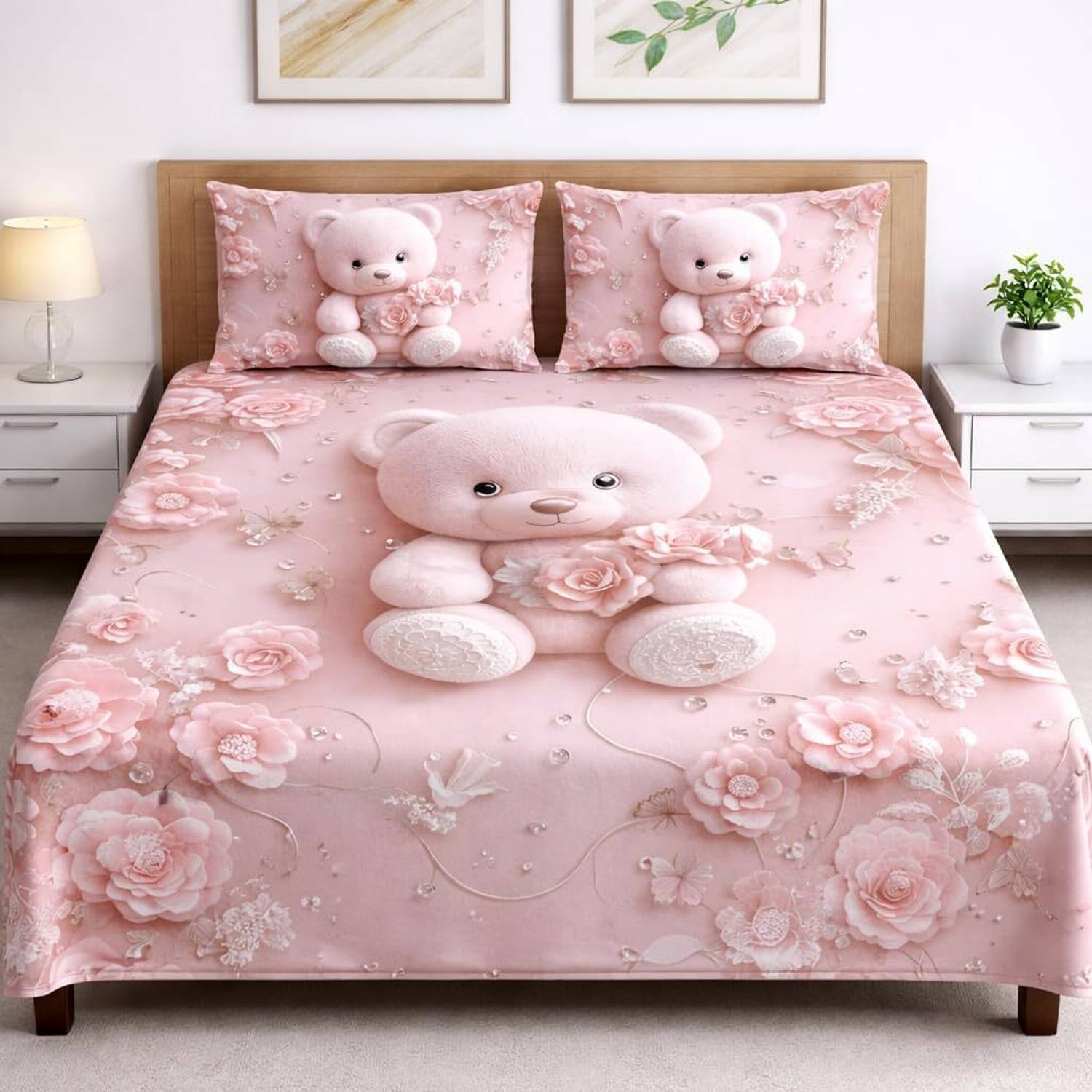 AASHRAE Cotton Double Flat 220 TC Cartoon 1 Summer Bedsheet with 2 Pillow Covers