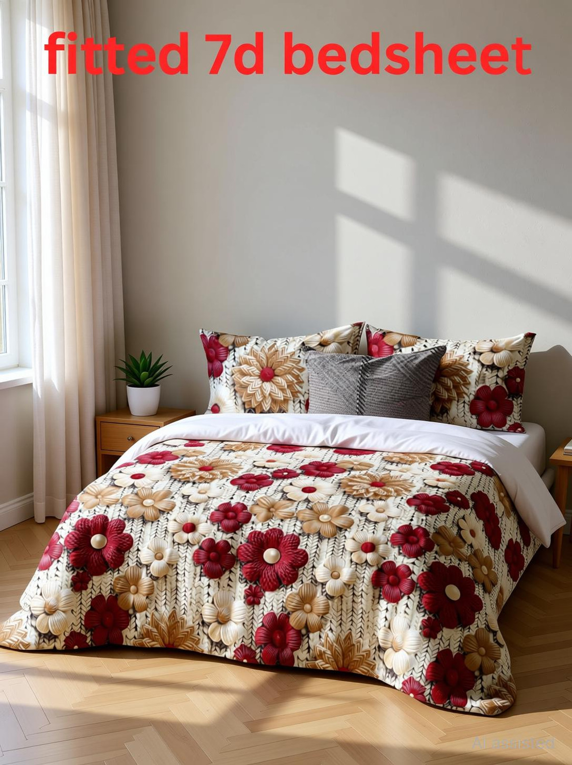 Image of KURRY HOME FURNISHING Cotton King Fitted (Elastic) 310 TC 3D Printed 1 Bedsheet with 2 Pillow Covers