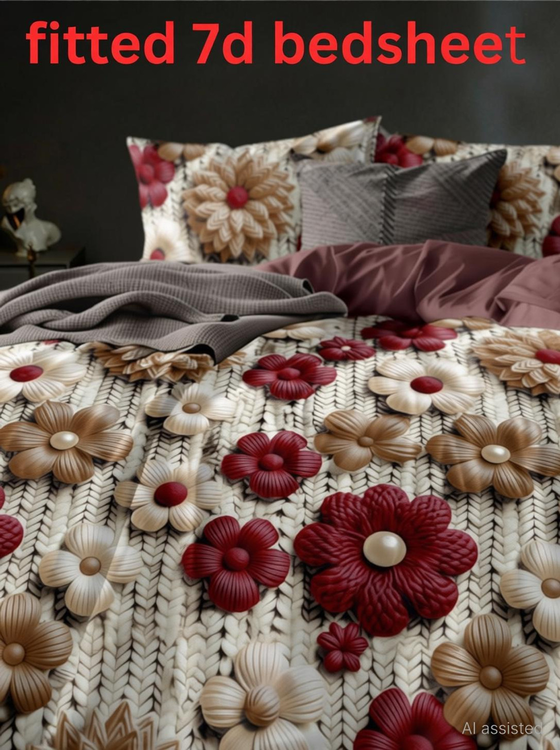 Image of KURRY HOME FURNISHING Cotton King Fitted (Elastic) 310 TC 3D Printed 1 Bedsheet with 2 Pillow Covers