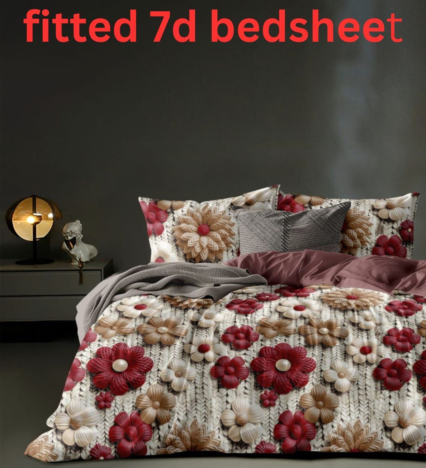 Image of KURRY HOME FURNISHING Cotton King Fitted (Elastic) 310 TC 3D Printed 1 Bedsheet with 2 Pillow Covers