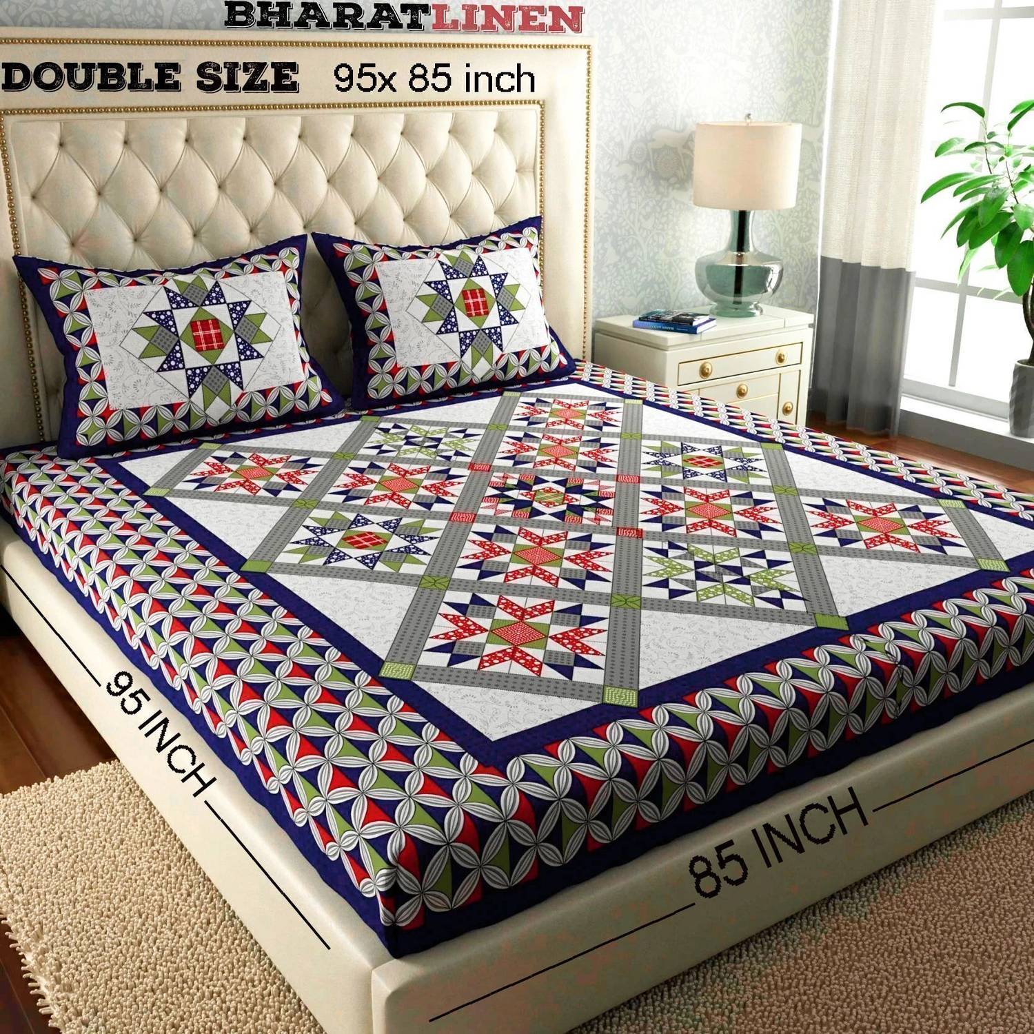 BharatLinen Cotton Queen Flat 144 TC Jaipuri Prints 1 Summer Beds