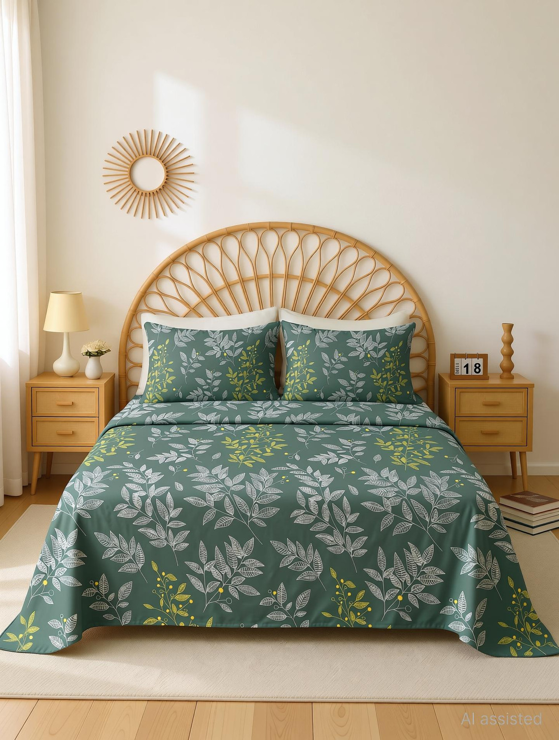 Image of BSB HOME Microfiber Double Flat 144 TC Printed 1 Summer Bedsheet with 2 Pillow Covers (Green)
