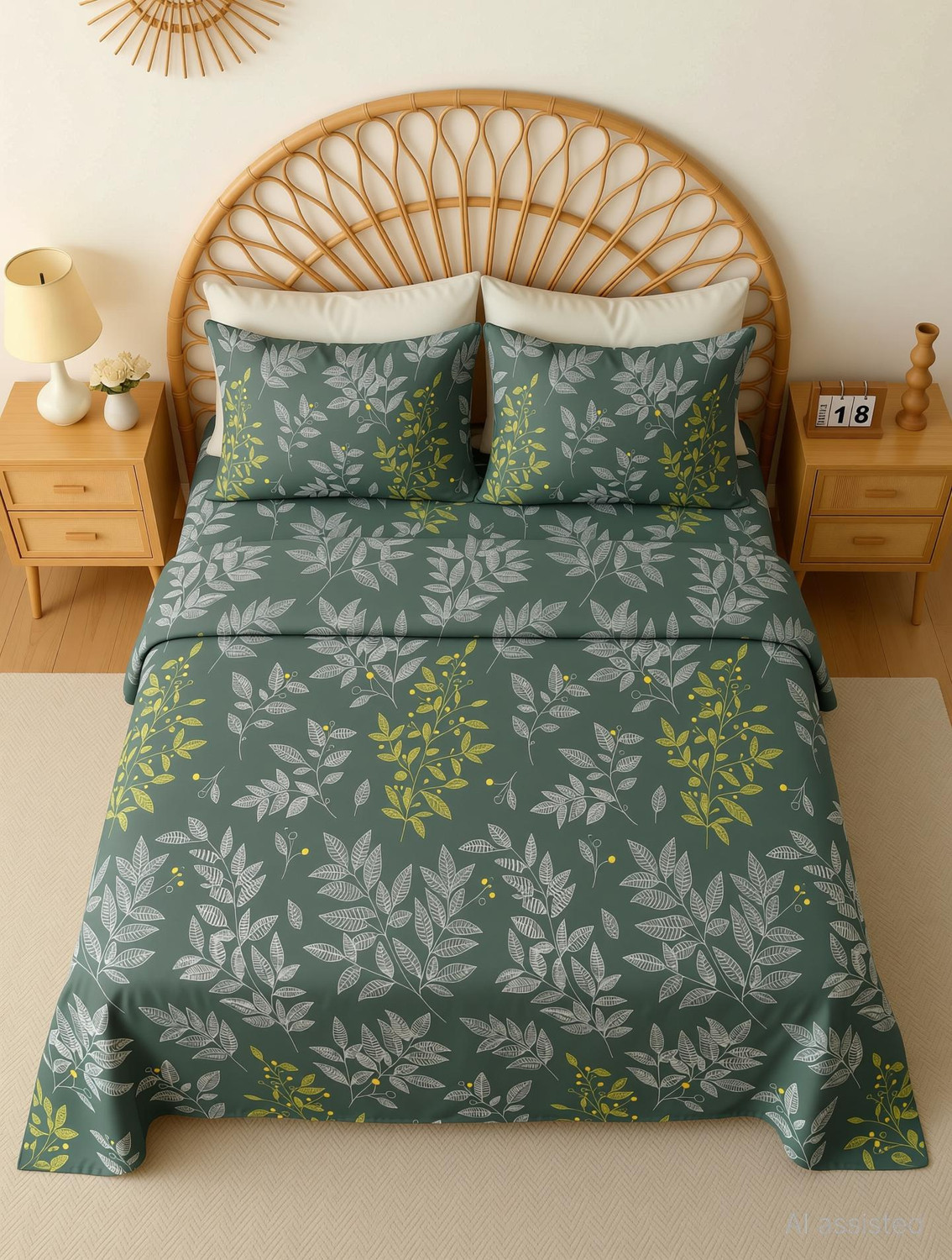 Image of BSB HOME Microfiber Double Flat 144 TC Printed 1 Summer Bedsheet with 2 Pillow Covers (Green)