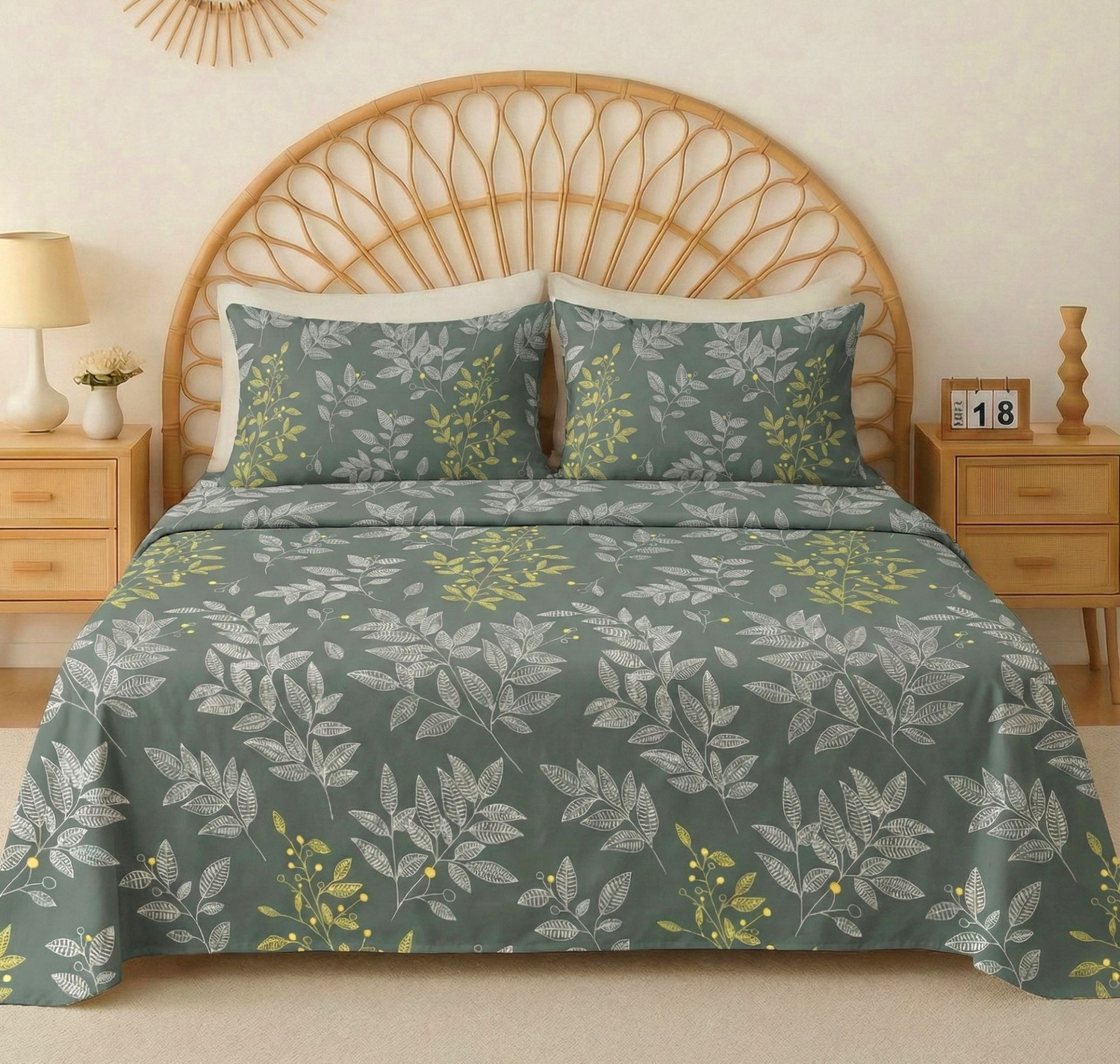 Image of BSB HOME Microfiber Double Flat 144 TC Printed 1 Summer Bedsheet with 2 Pillow Covers (Green)