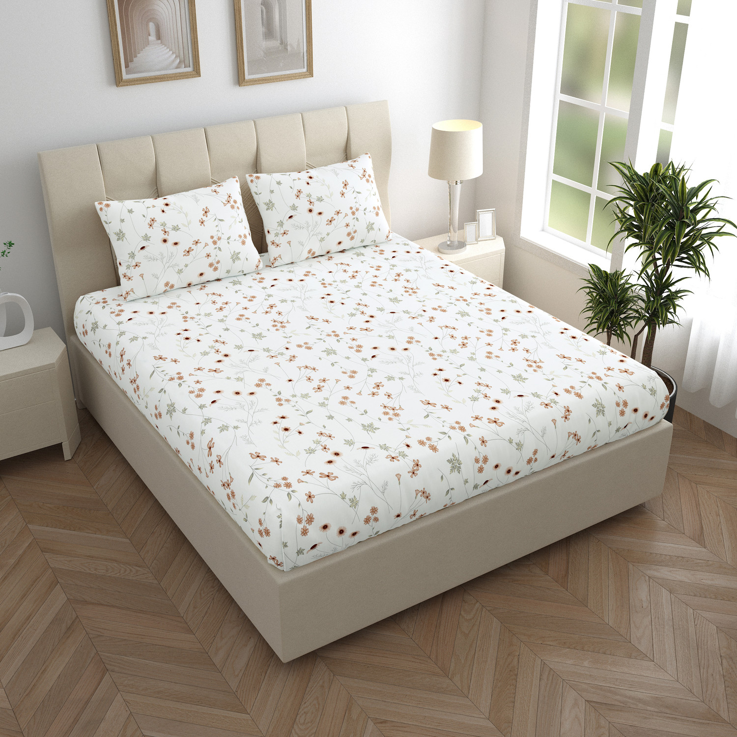Image of LINENWALAS Cotton Queen Fitted (Elastic) 300 TC Floral 1 Bedsheet with 2 Pillow Covers