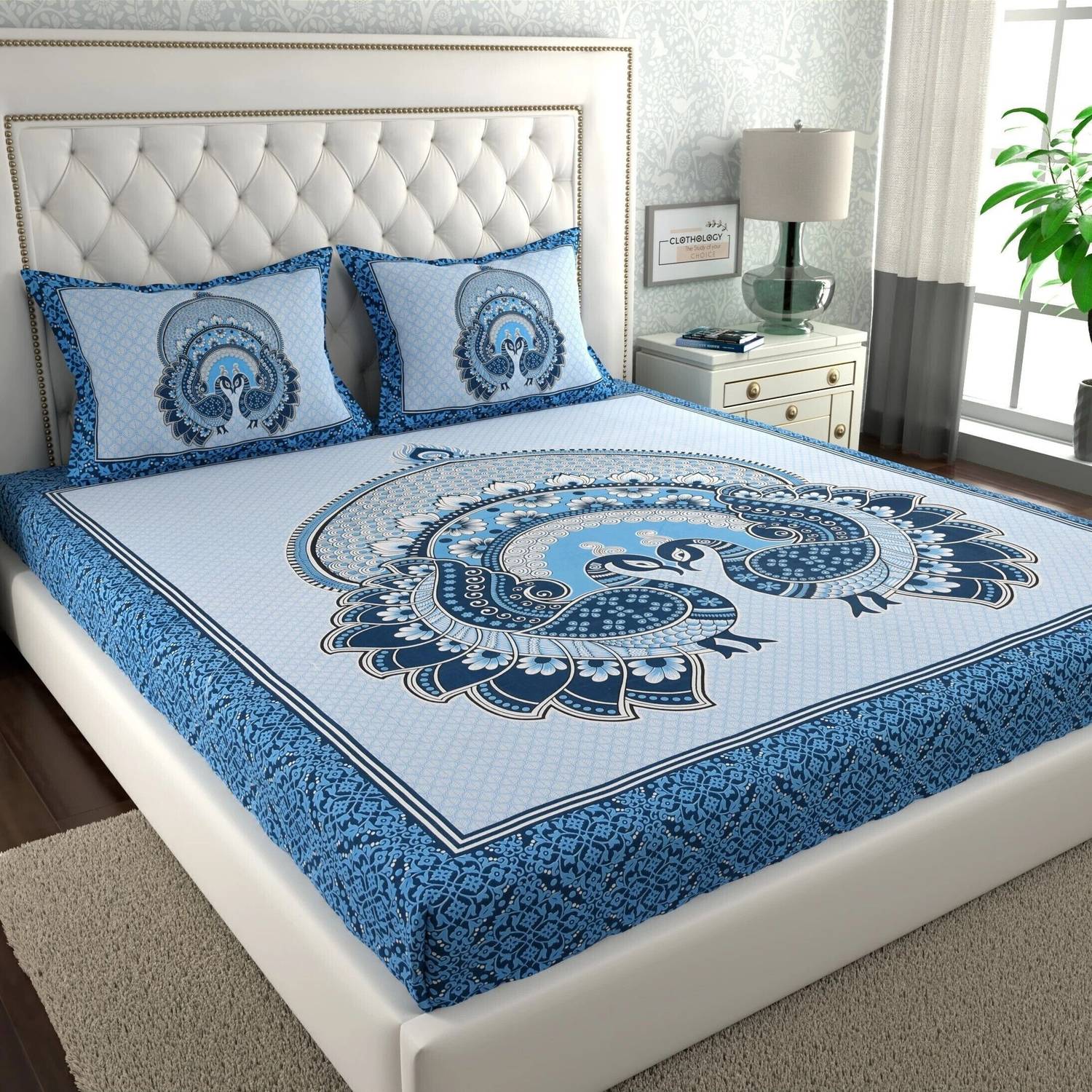 CLOTHOLOGY Cotton Double Flat 144 TC Jaipuri Prints 1 Bedsheet wi