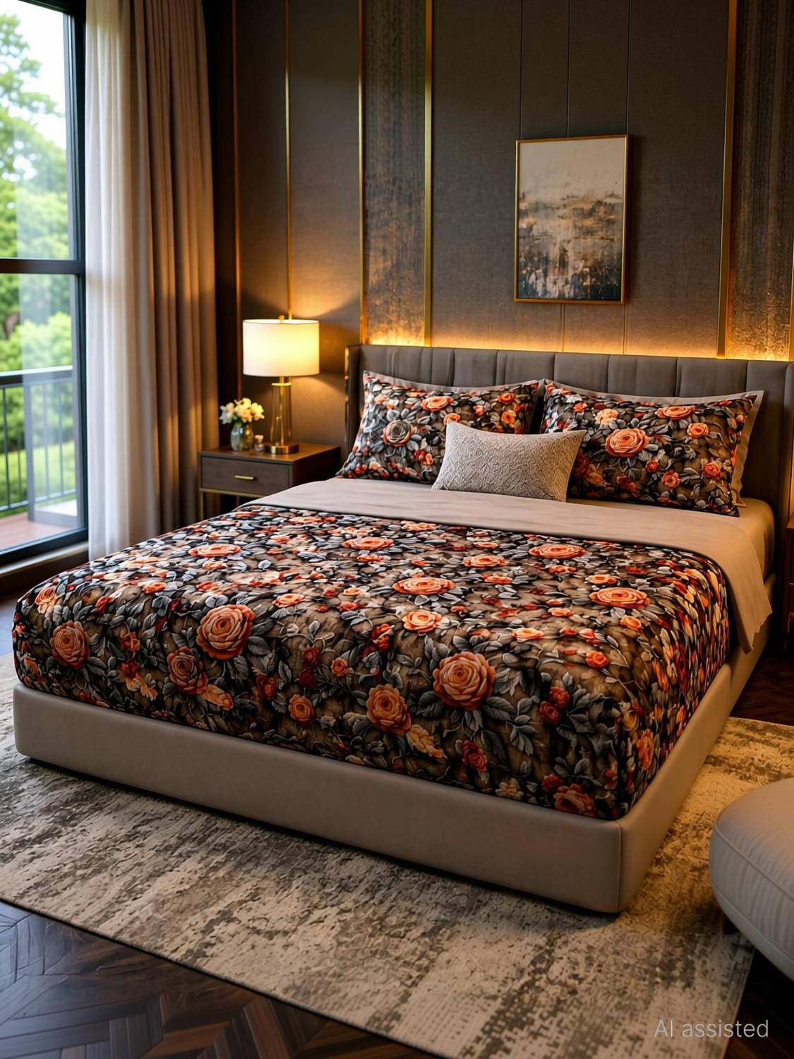 Adidev Cotton Double, King Fitted (Elastic) 400 TC Floral 1 Bedsheet with 2 Pillow Covers