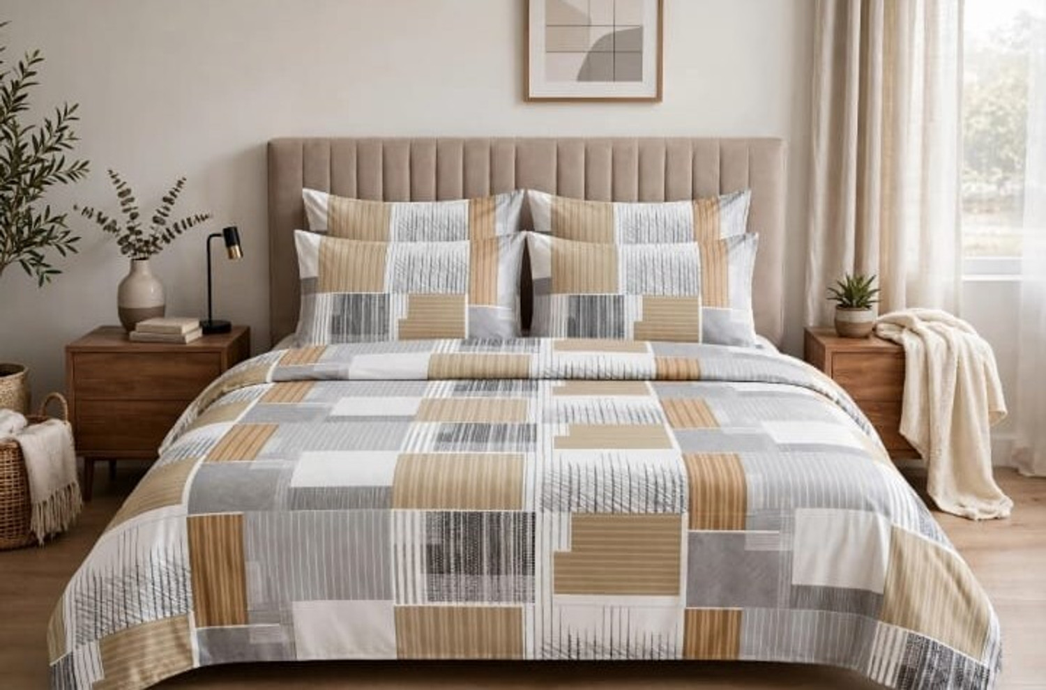 Image of Sumee Vastraya Cotton Blend King Flat 400 TC Geometric 1 Summer Bedsheet with 2 Pillow Covers (Multicolor)