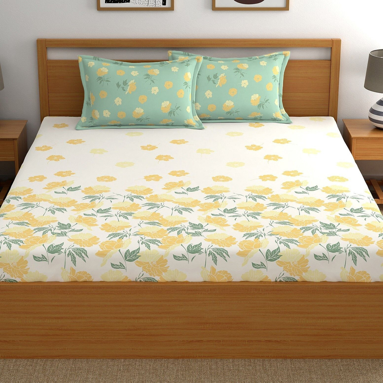 Image of Dreamscape Cotton King Fitted (Elastic) 140 TC Printed 1 Bedsheet with 2 Pillow Covers